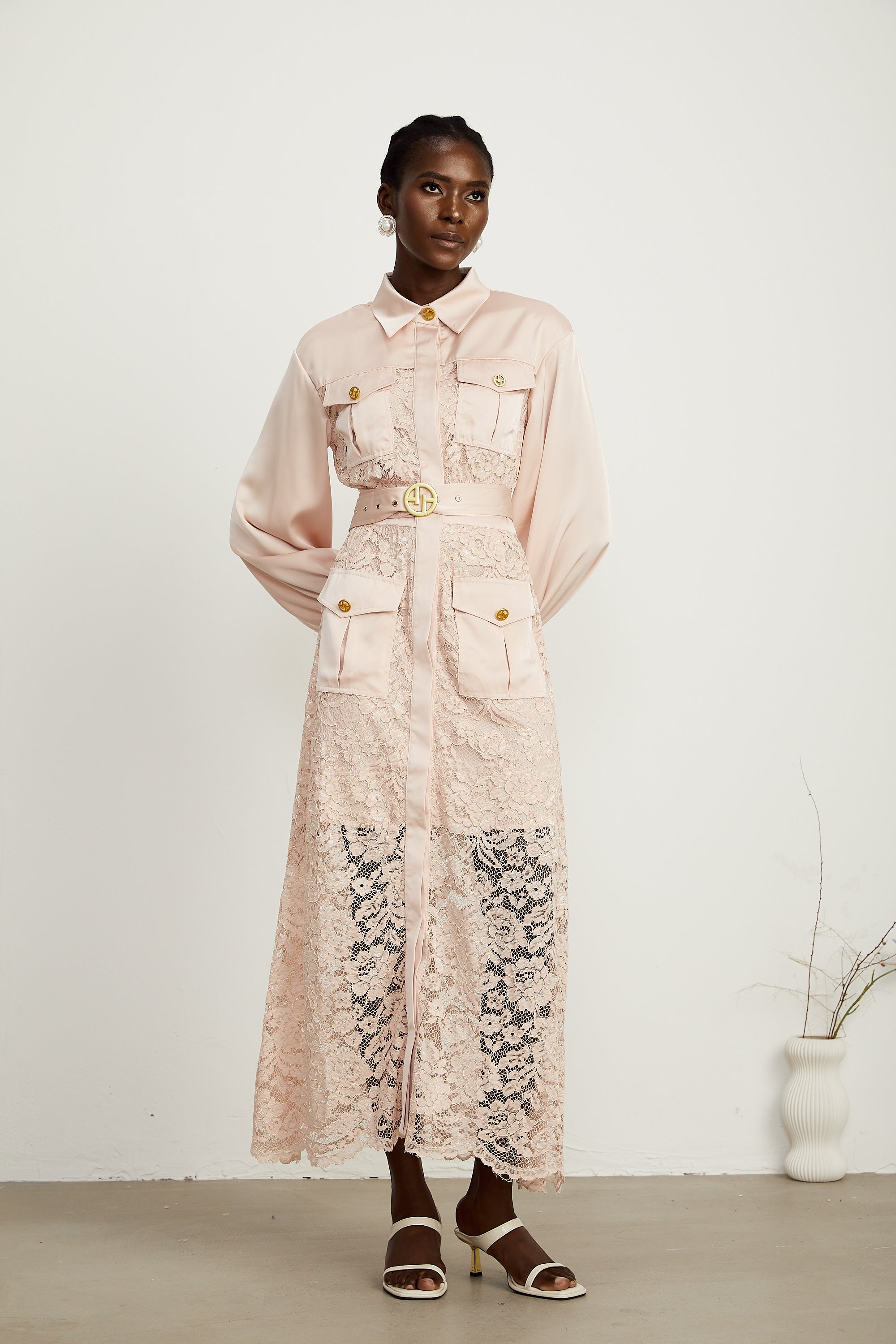 Delphine pink lace-panel belted midi dress