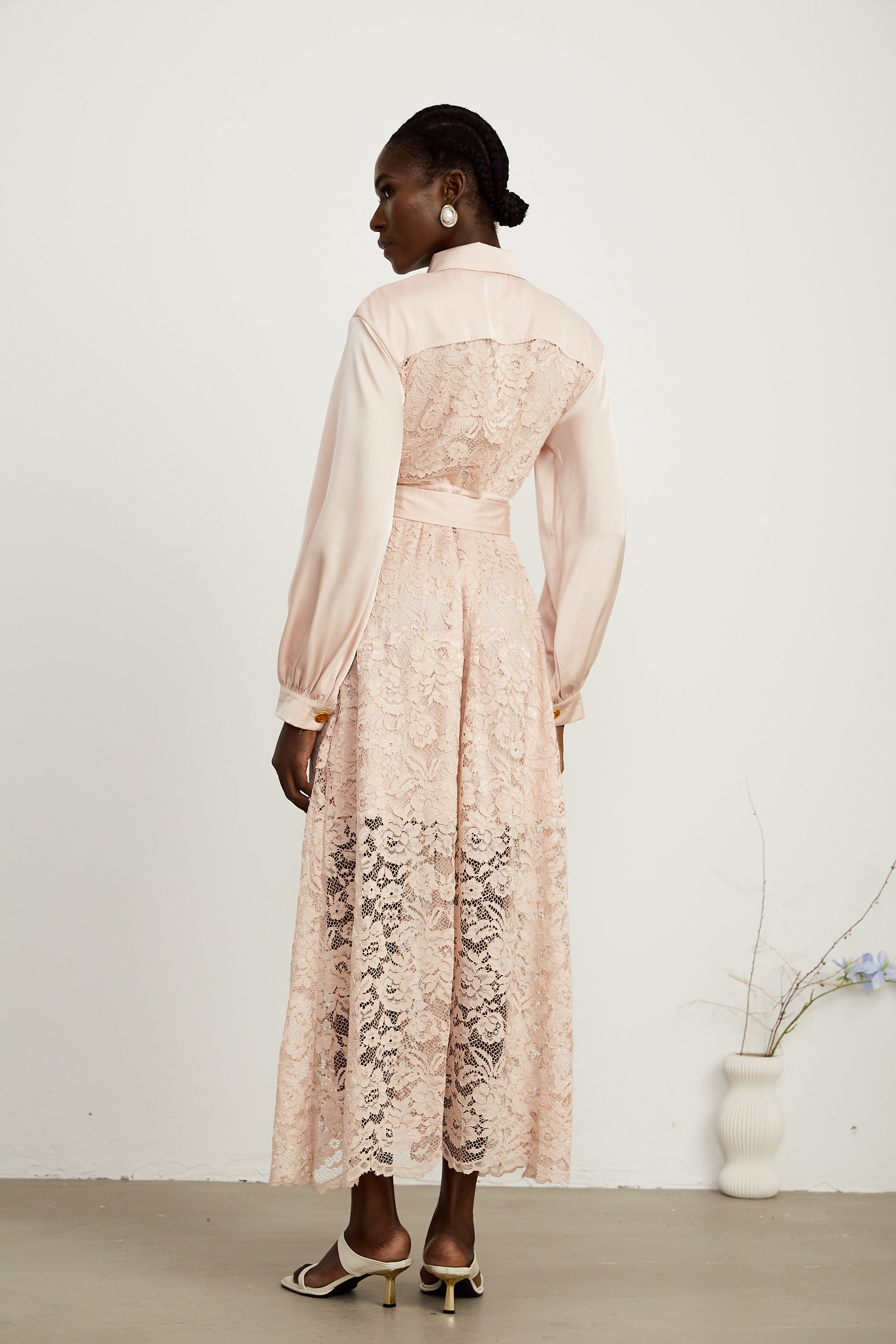 Delphine pink lace-panel belted midi dress