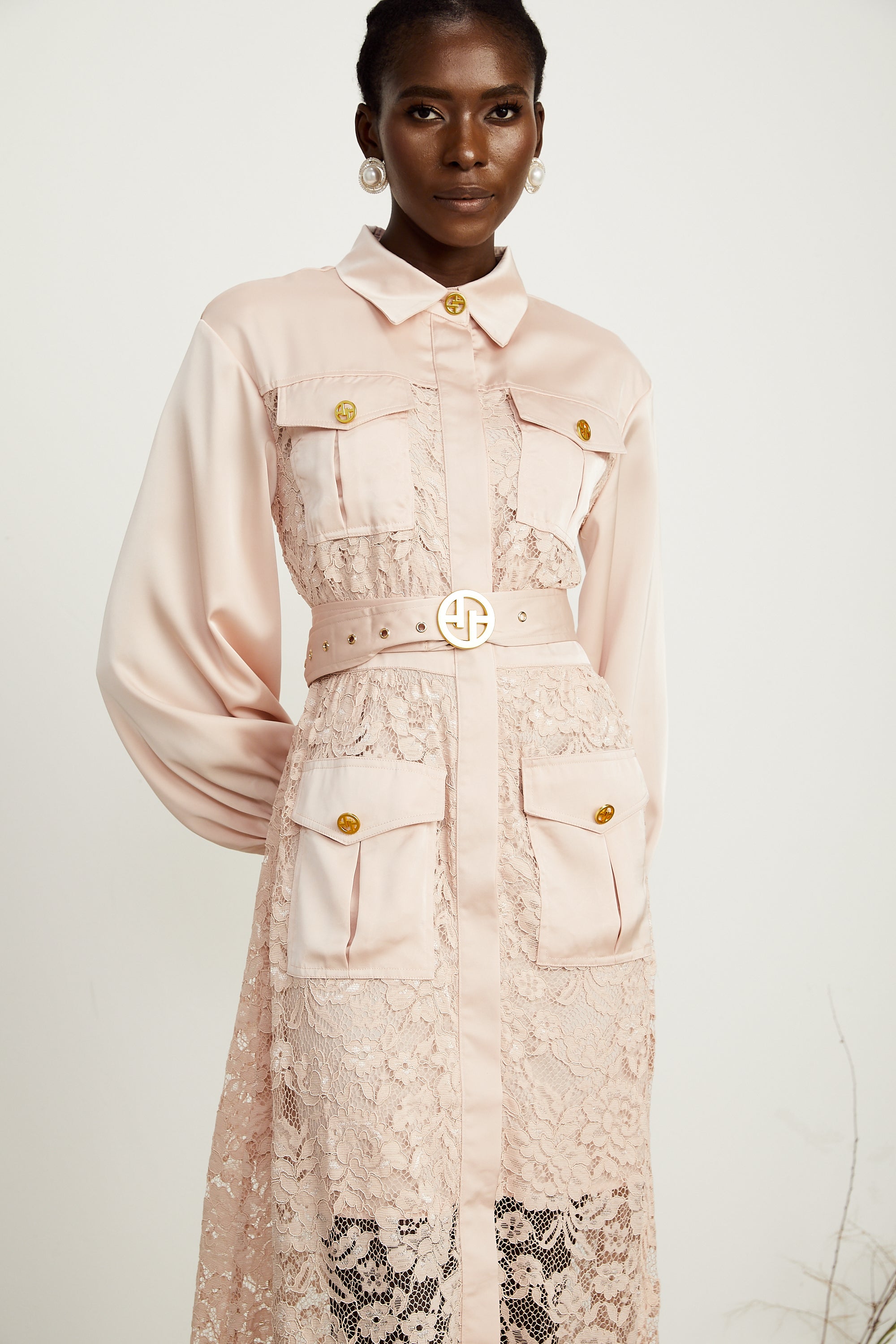 Delphine pink lace-panel belted midi dress