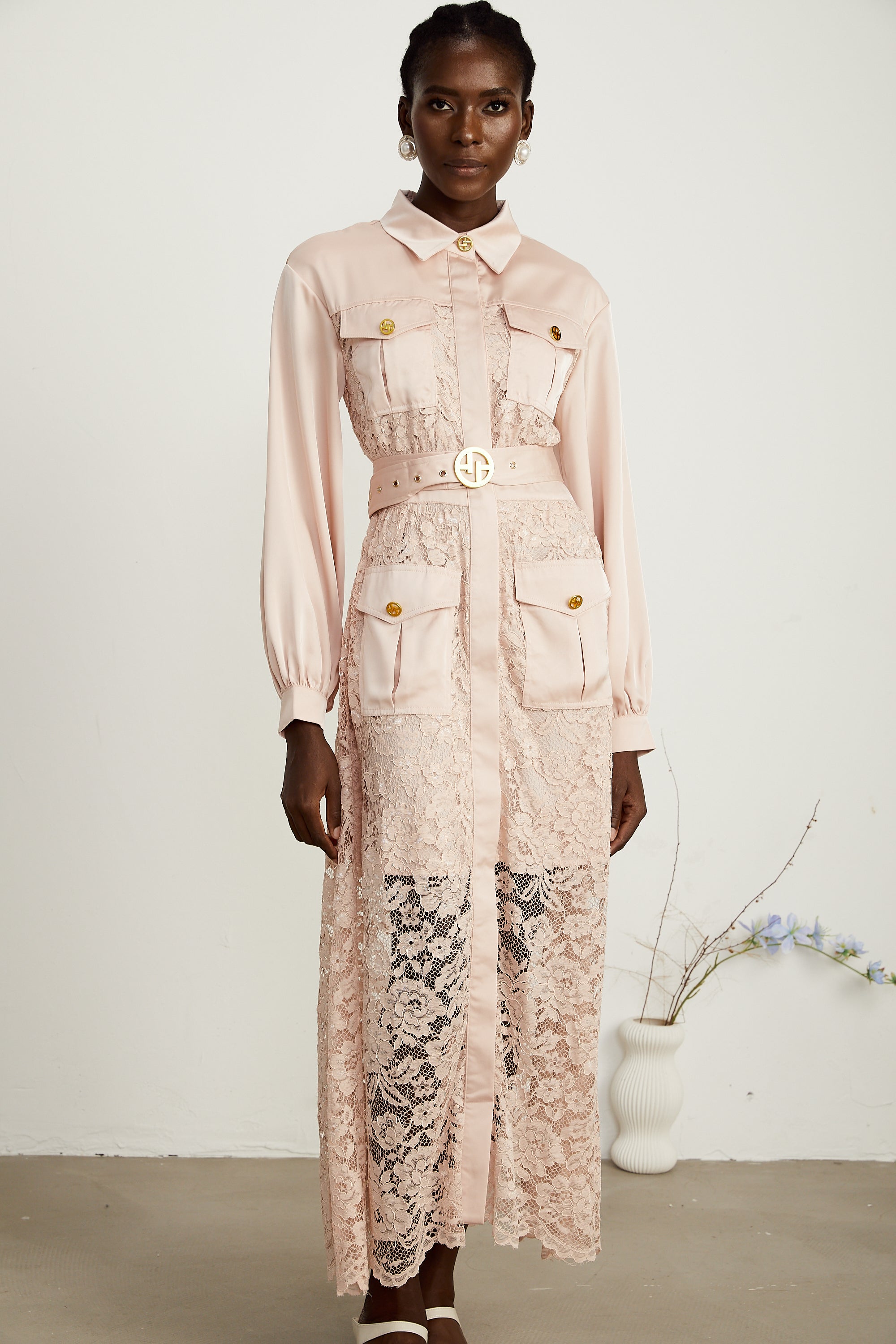 Delphine pink lace-panel belted midi dress