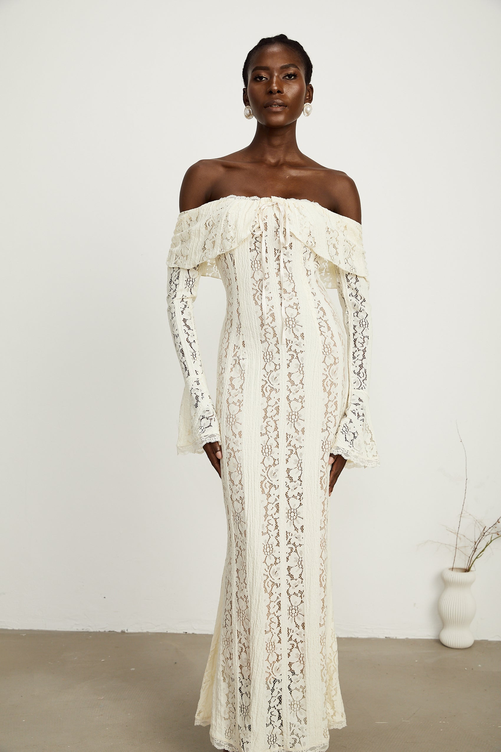 Lace Trim Tie-Waist Tiered Flared-Cuff Maxi Dress main image 0