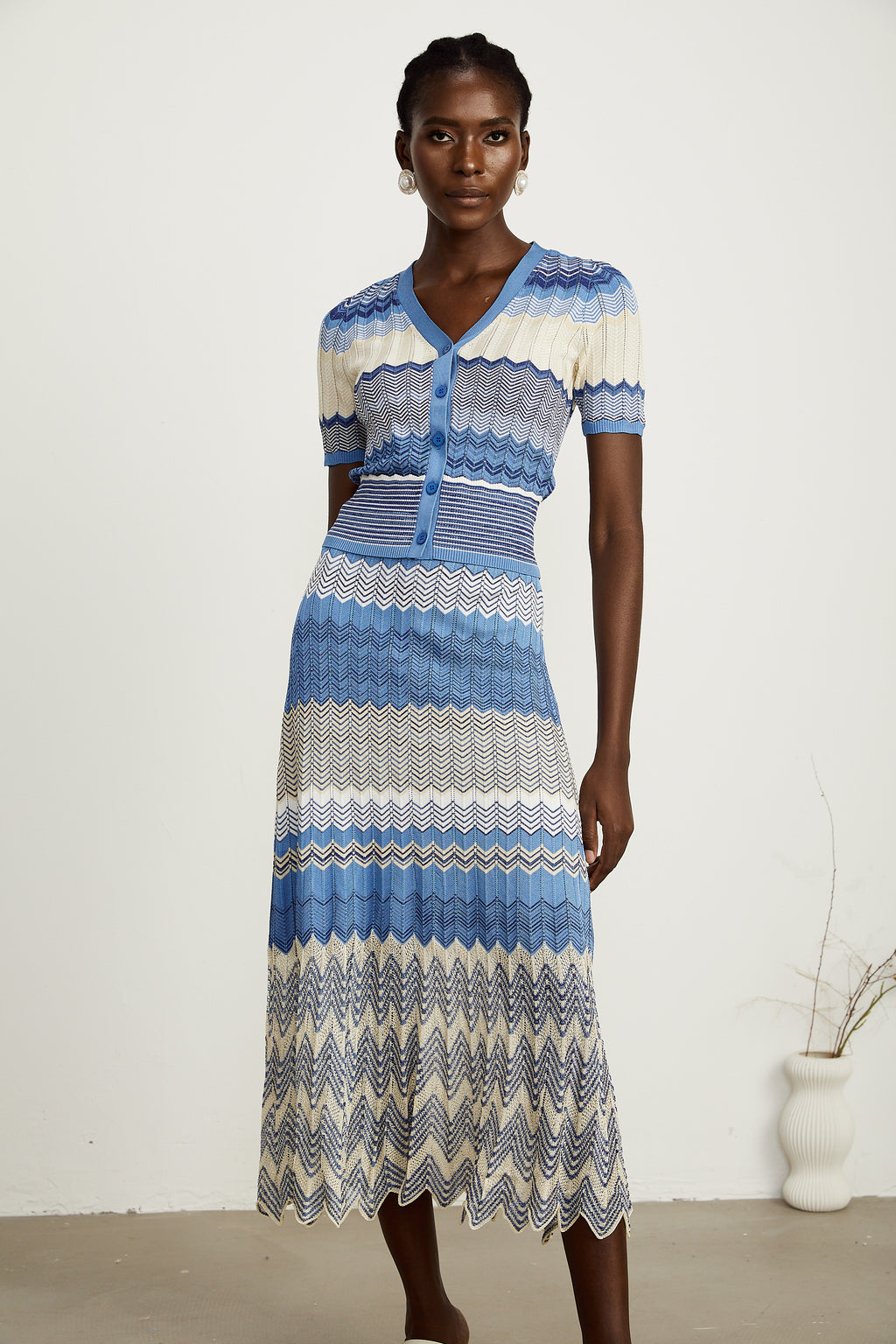 Button detailing knitted top & skirt matching set