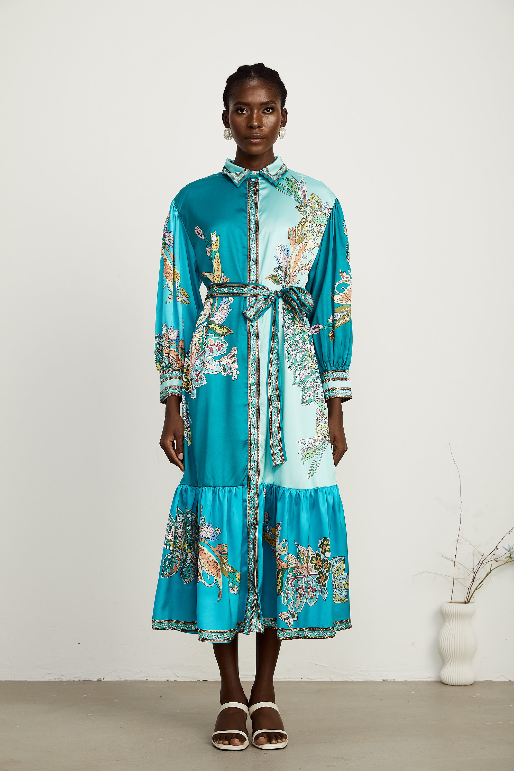 Dorothée green paisley-print long-sleeve midi dress