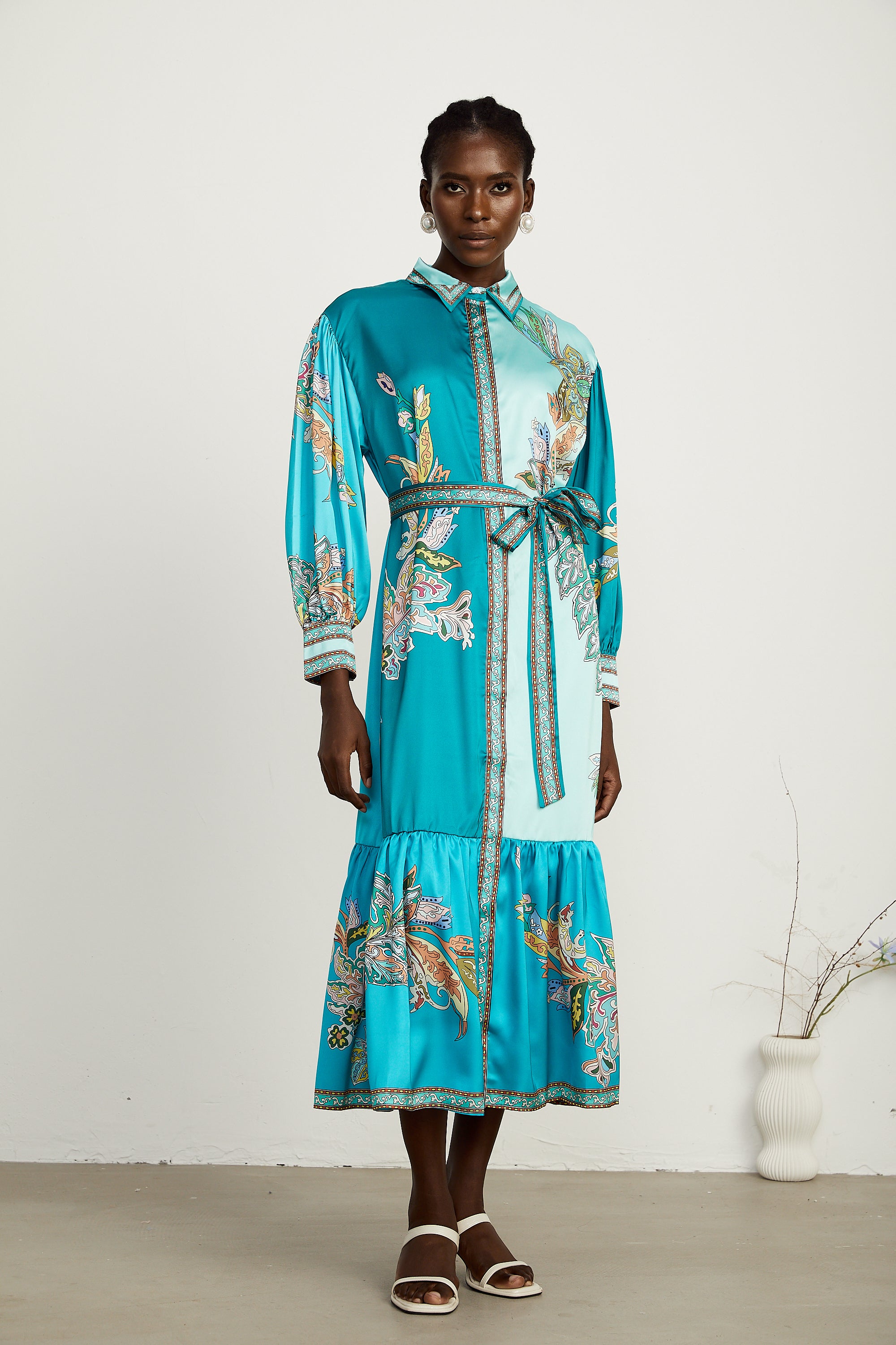 Dorothée green paisley-print long-sleeve midi dress