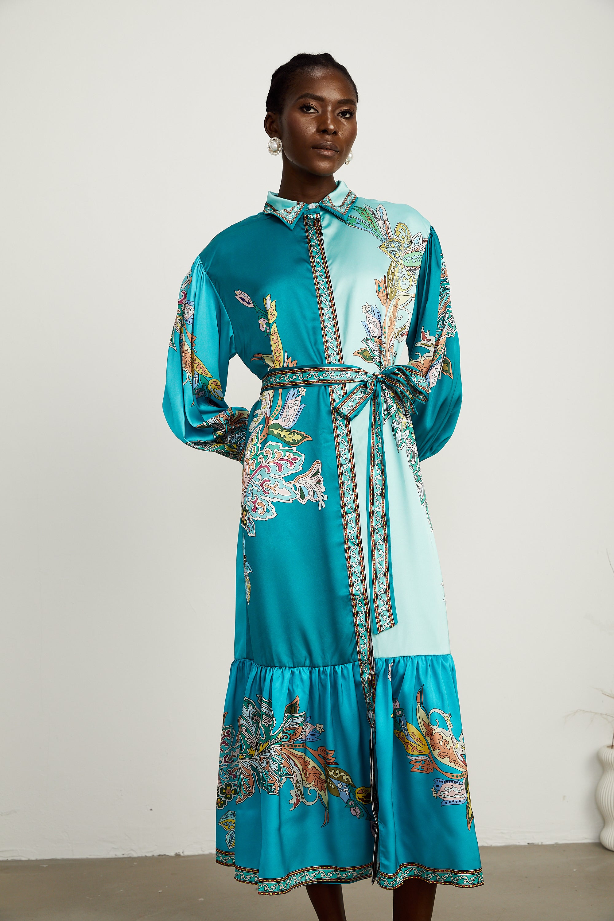 Dorothée green paisley-print long-sleeve midi dress