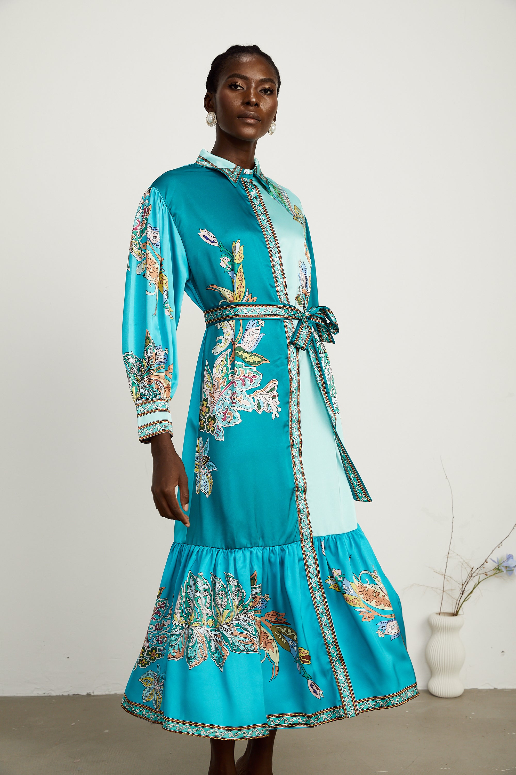 Dorothée green paisley-print long-sleeve midi dress