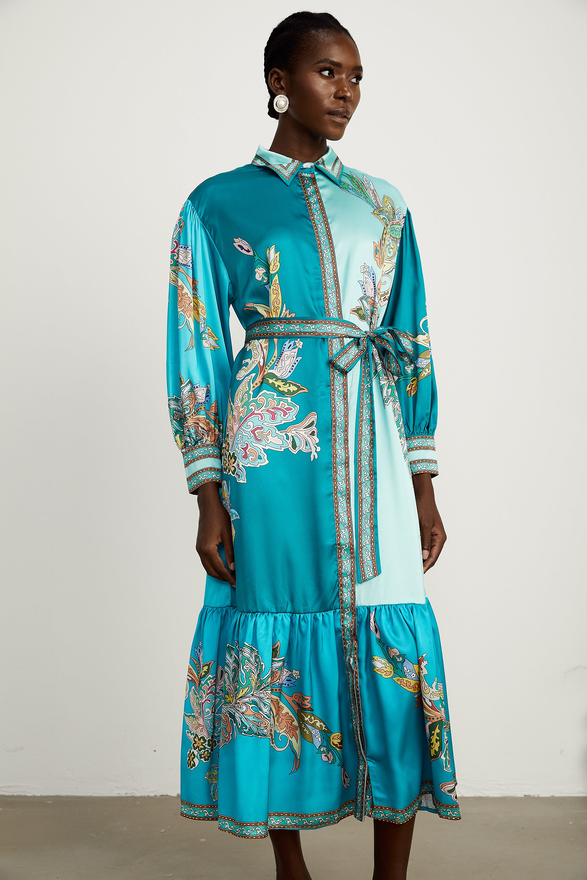 Dorothée green paisley-print long-sleeve midi dress