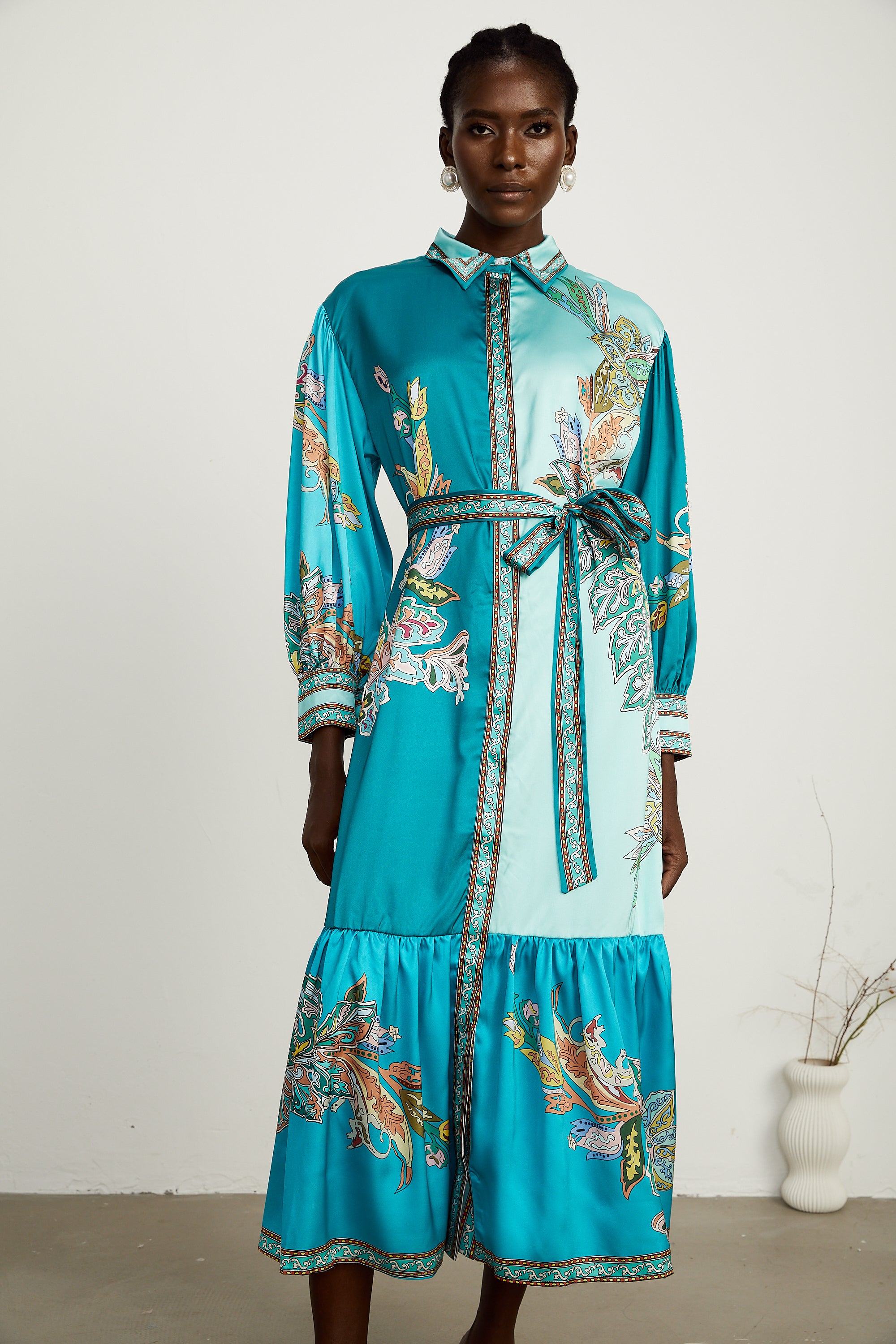 Dorothée green paisley-print long-sleeve midi dress