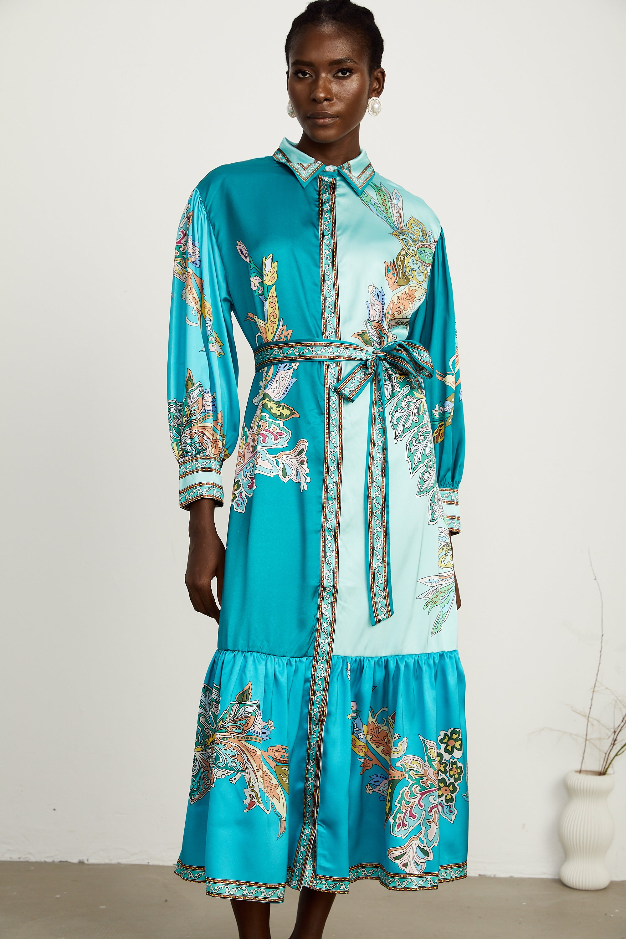 Dorothée green paisley-print long-sleeve midi dress