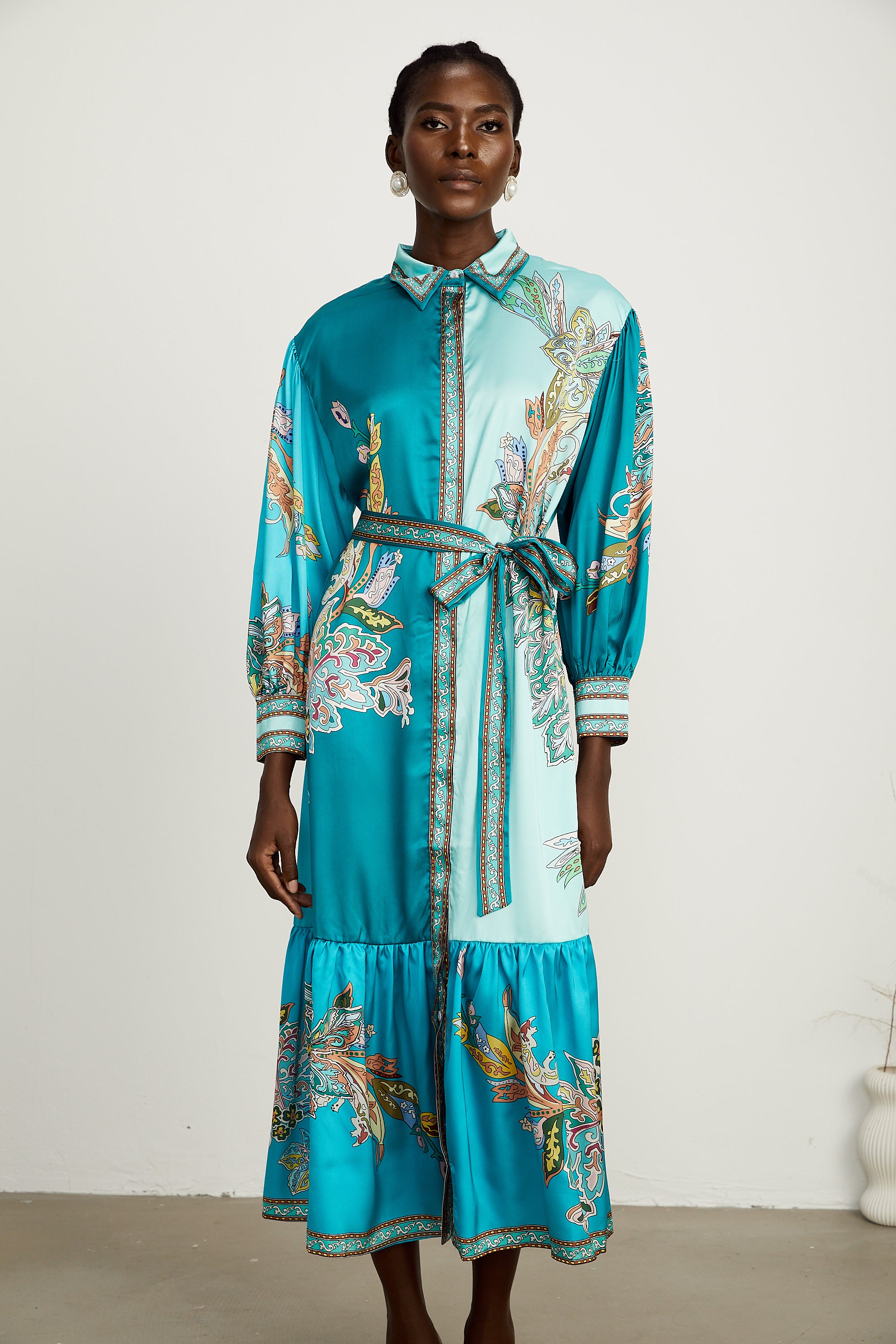 Dorothée green paisley-print long-sleeve midi dress