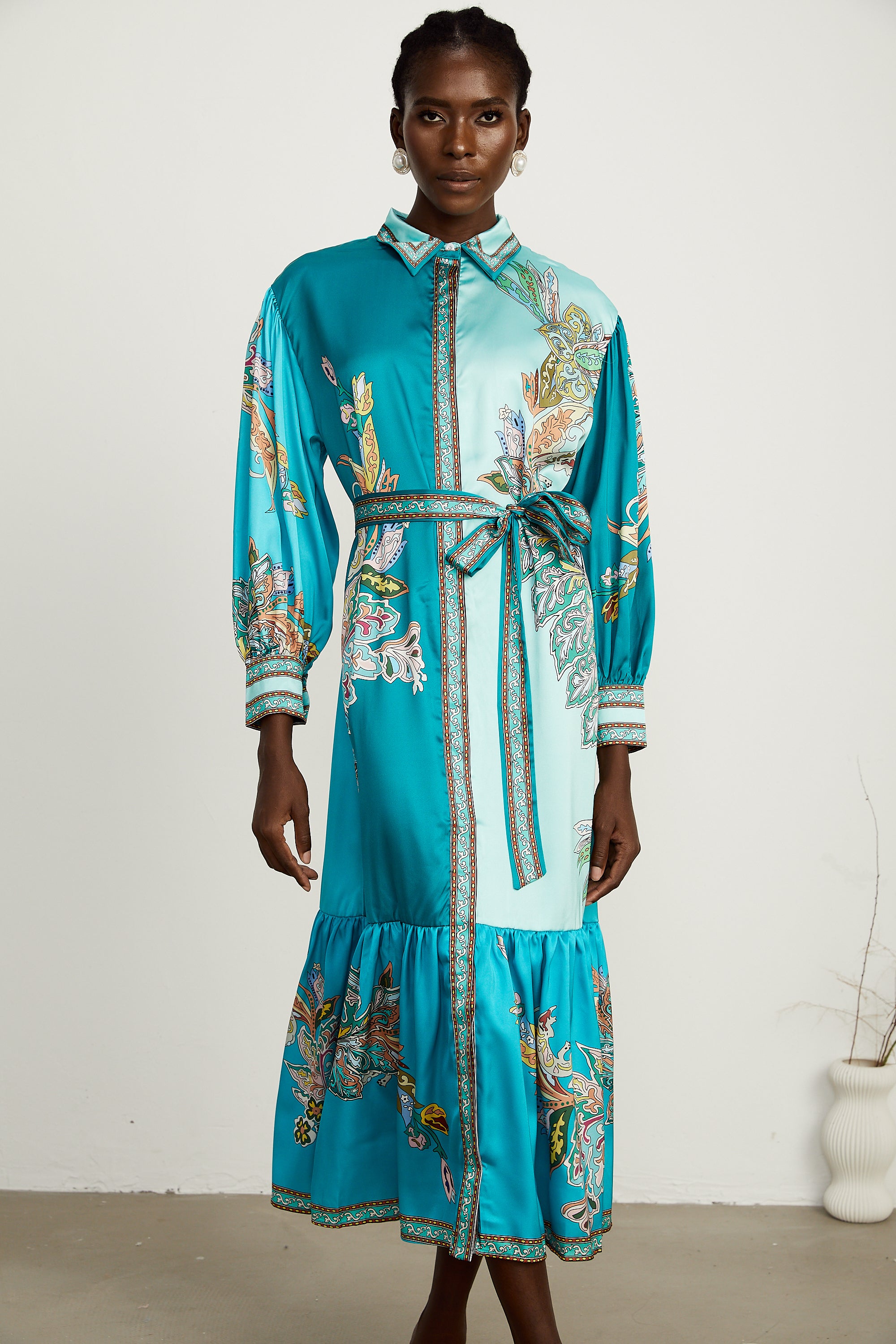 Dorothée green paisley-print long-sleeve midi dress