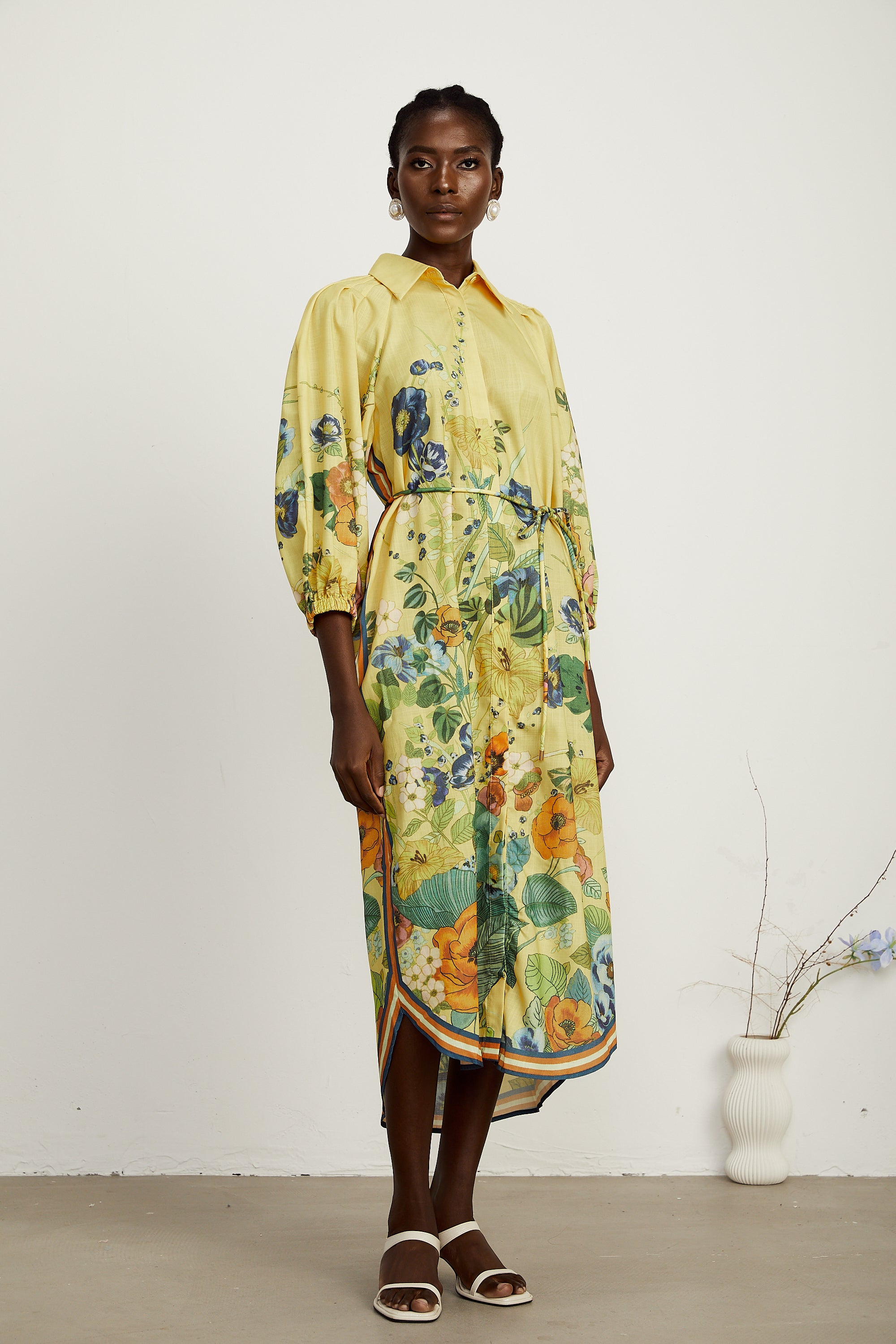 Karen yellow floral-print long-sleeve midi dress