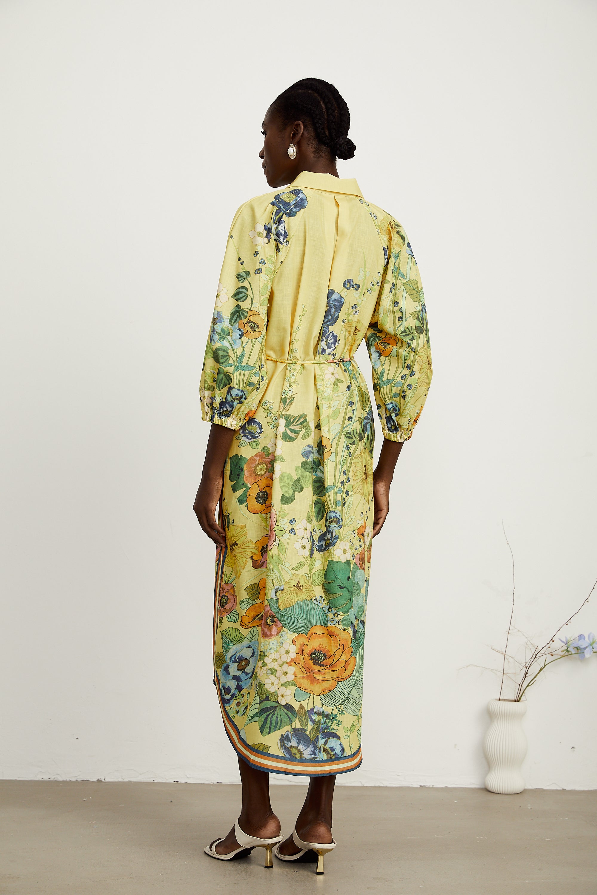 Karen yellow floral-print long-sleeve midi dress