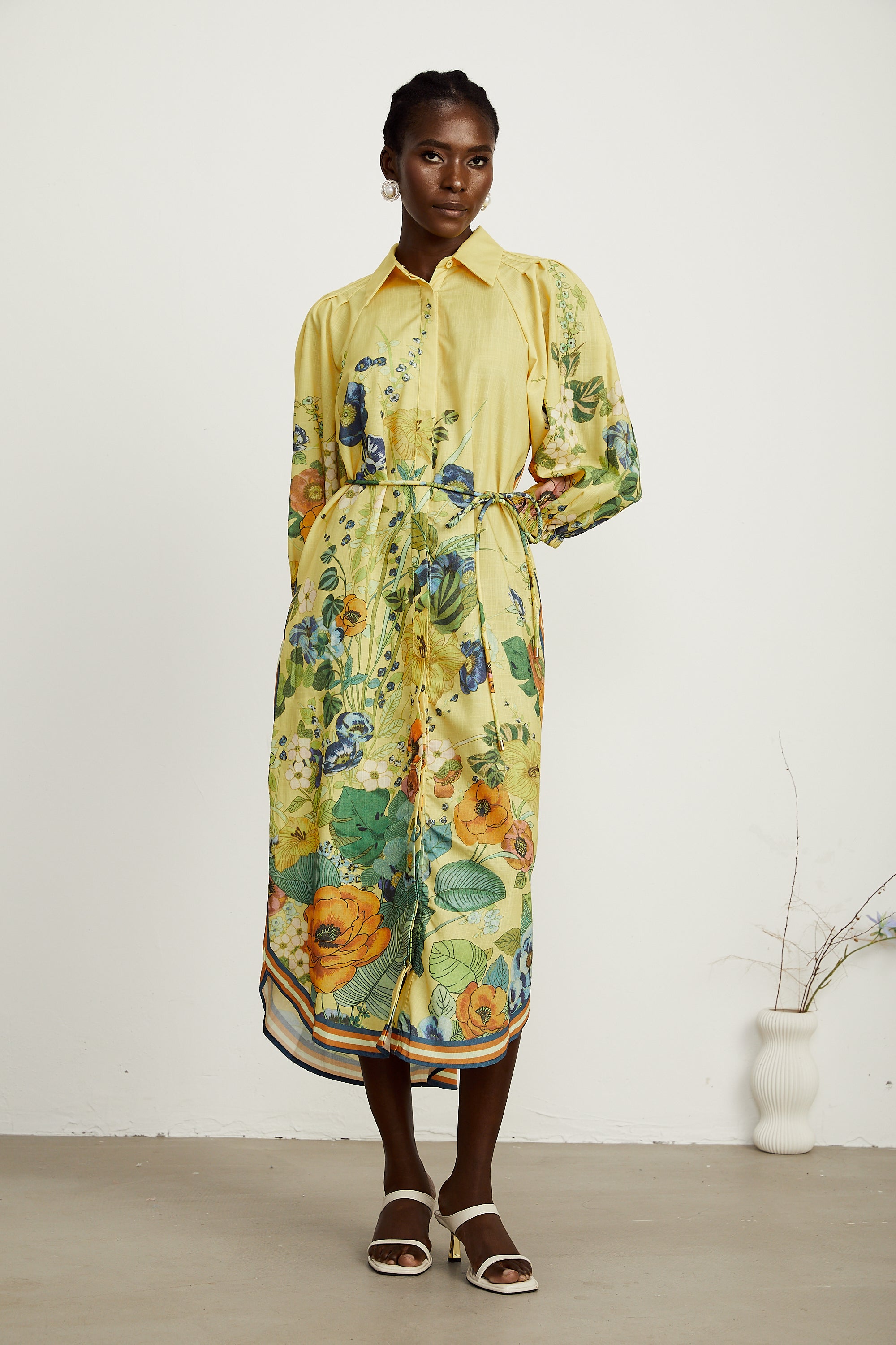 Karen yellow floral-print long-sleeve midi dress