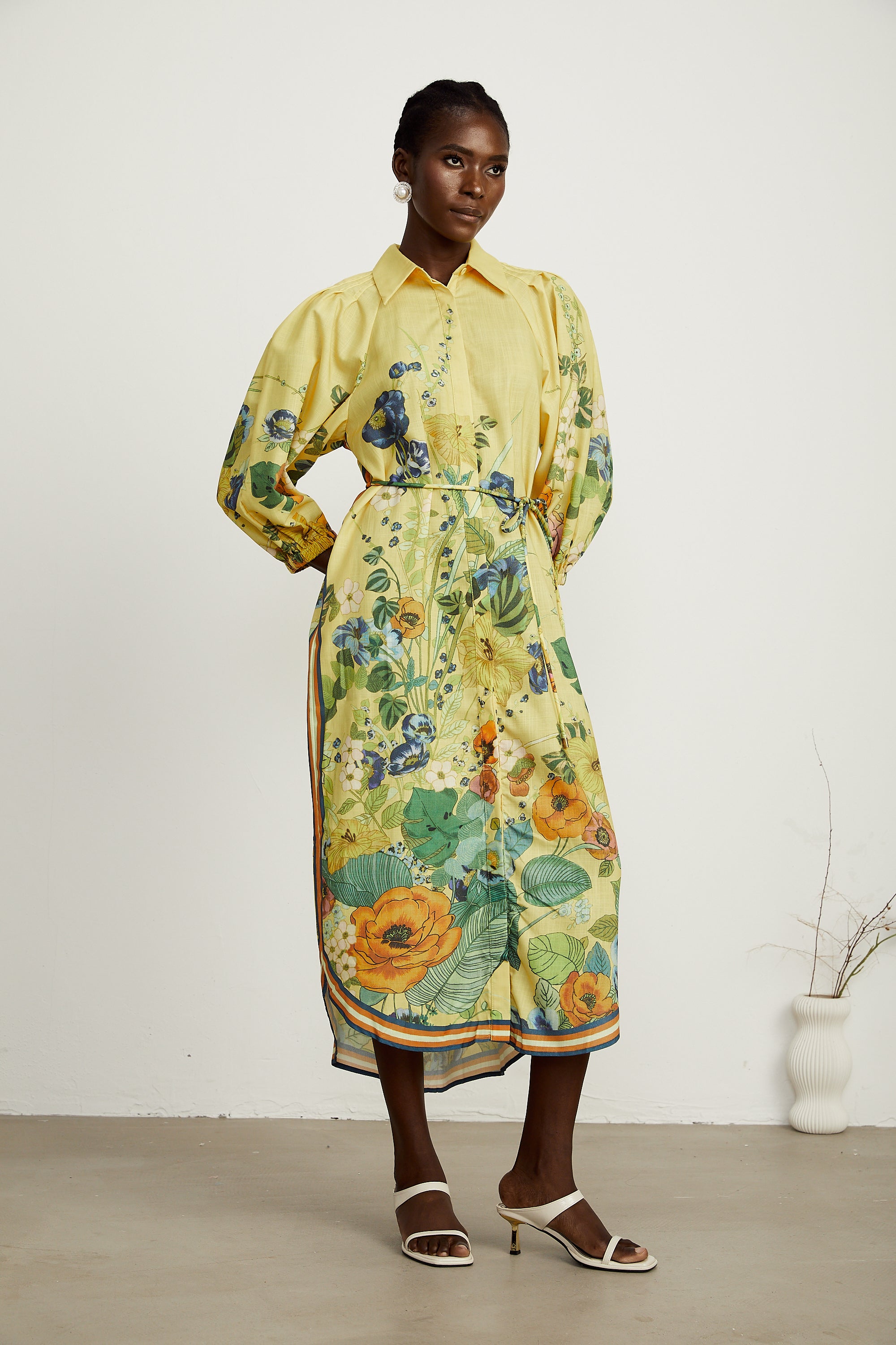 Karen yellow floral-print long-sleeve midi dress