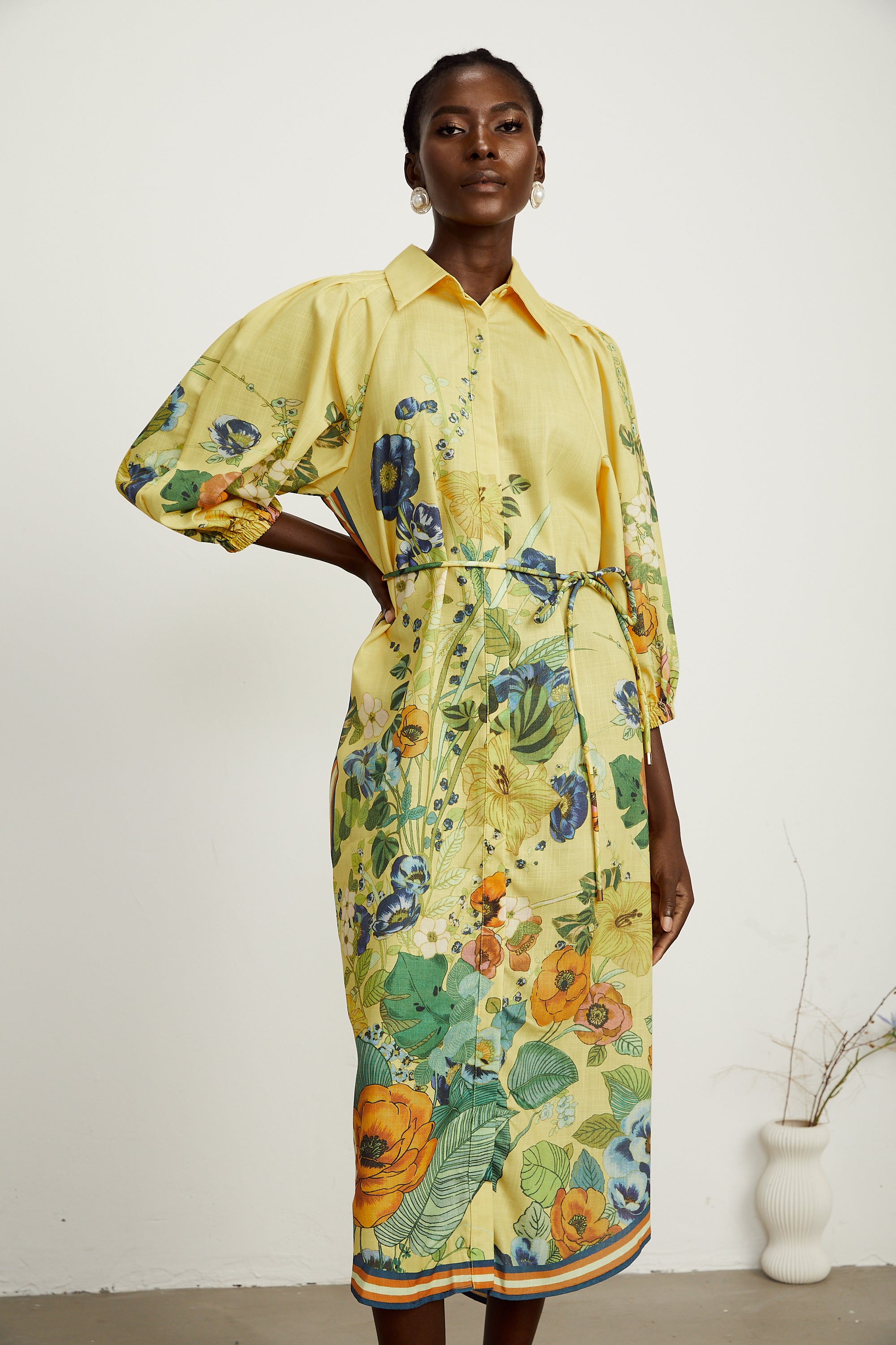 Karen yellow floral-print long-sleeve midi dress