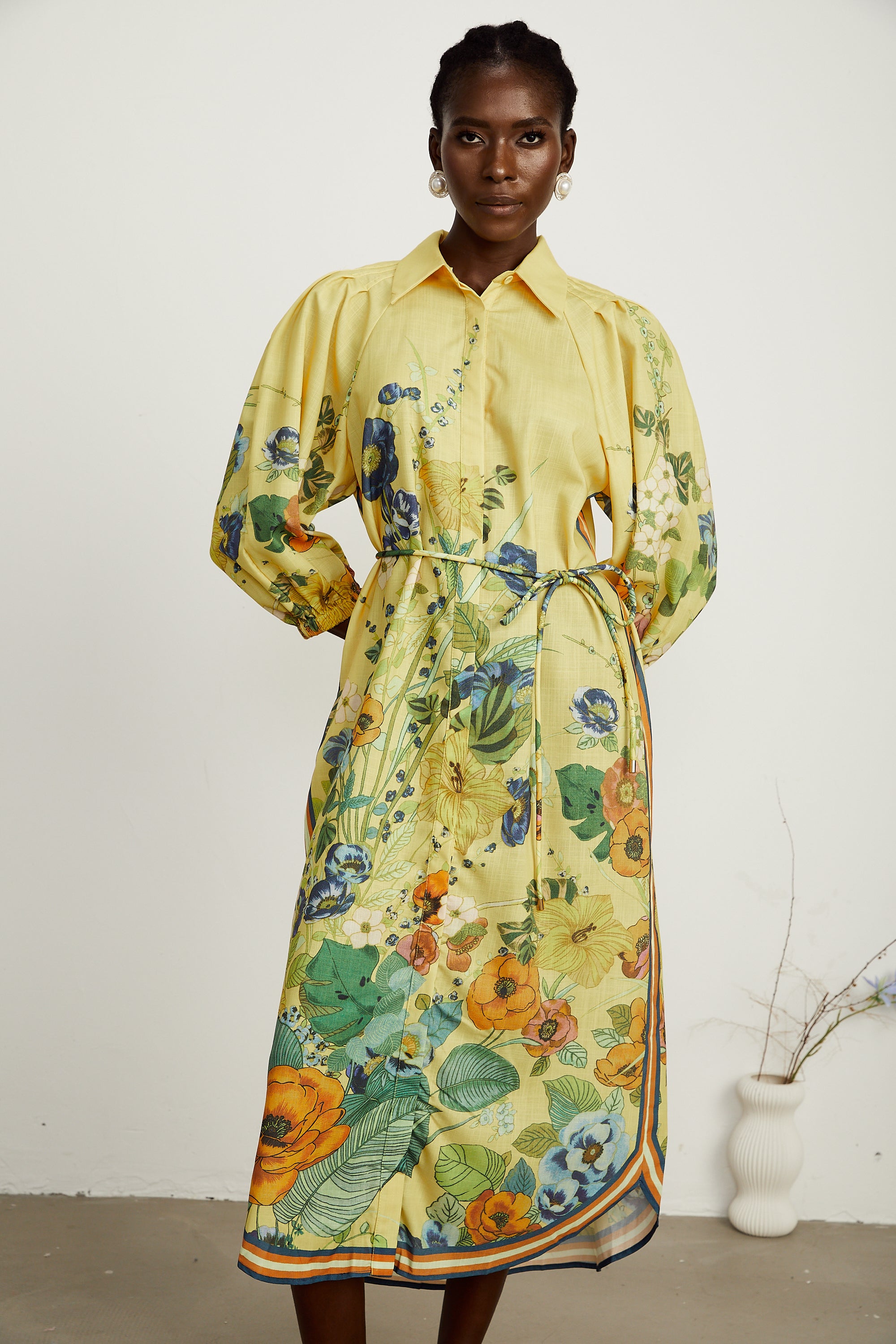 Karen yellow floral-print long-sleeve midi dress