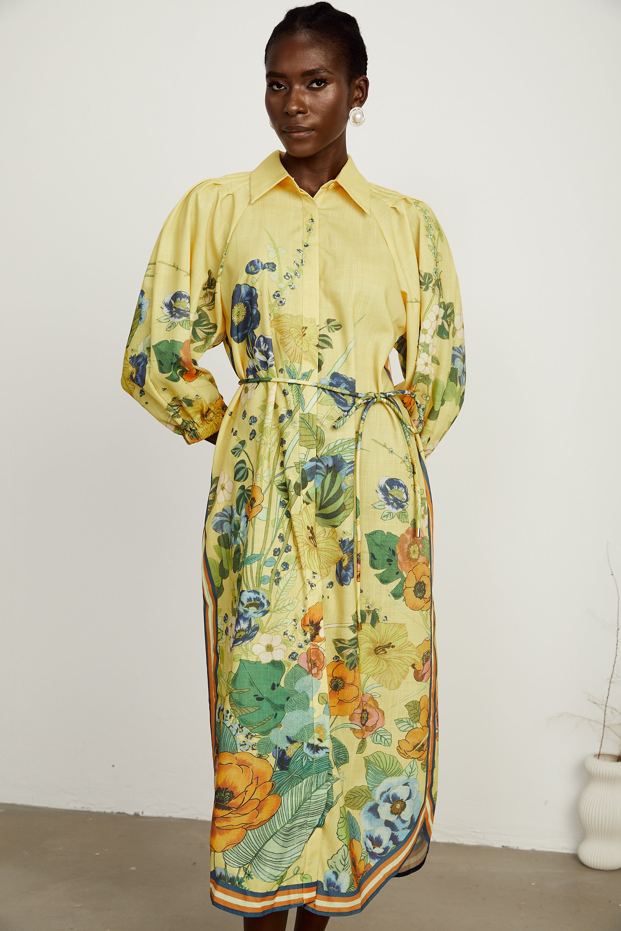 Karen yellow floral-print long-sleeve midi dress