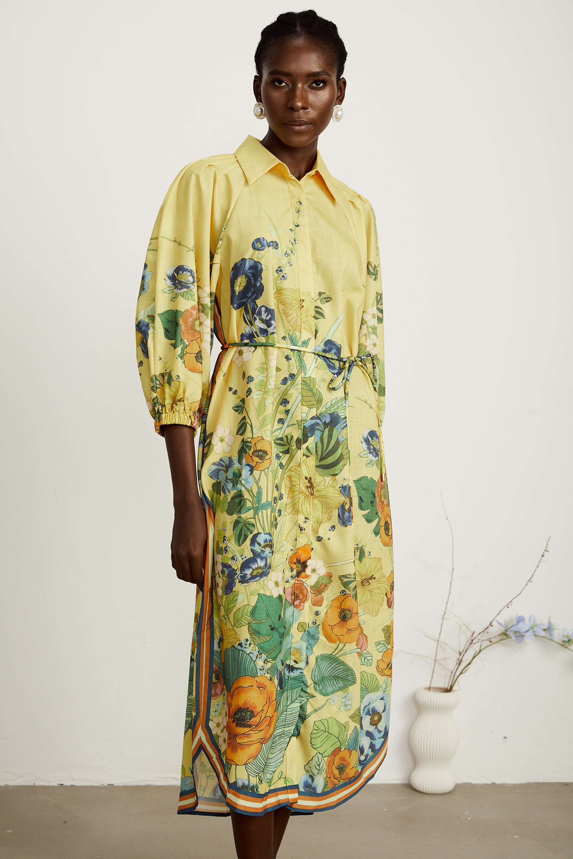 Karen yellow floral-print long-sleeve midi dress