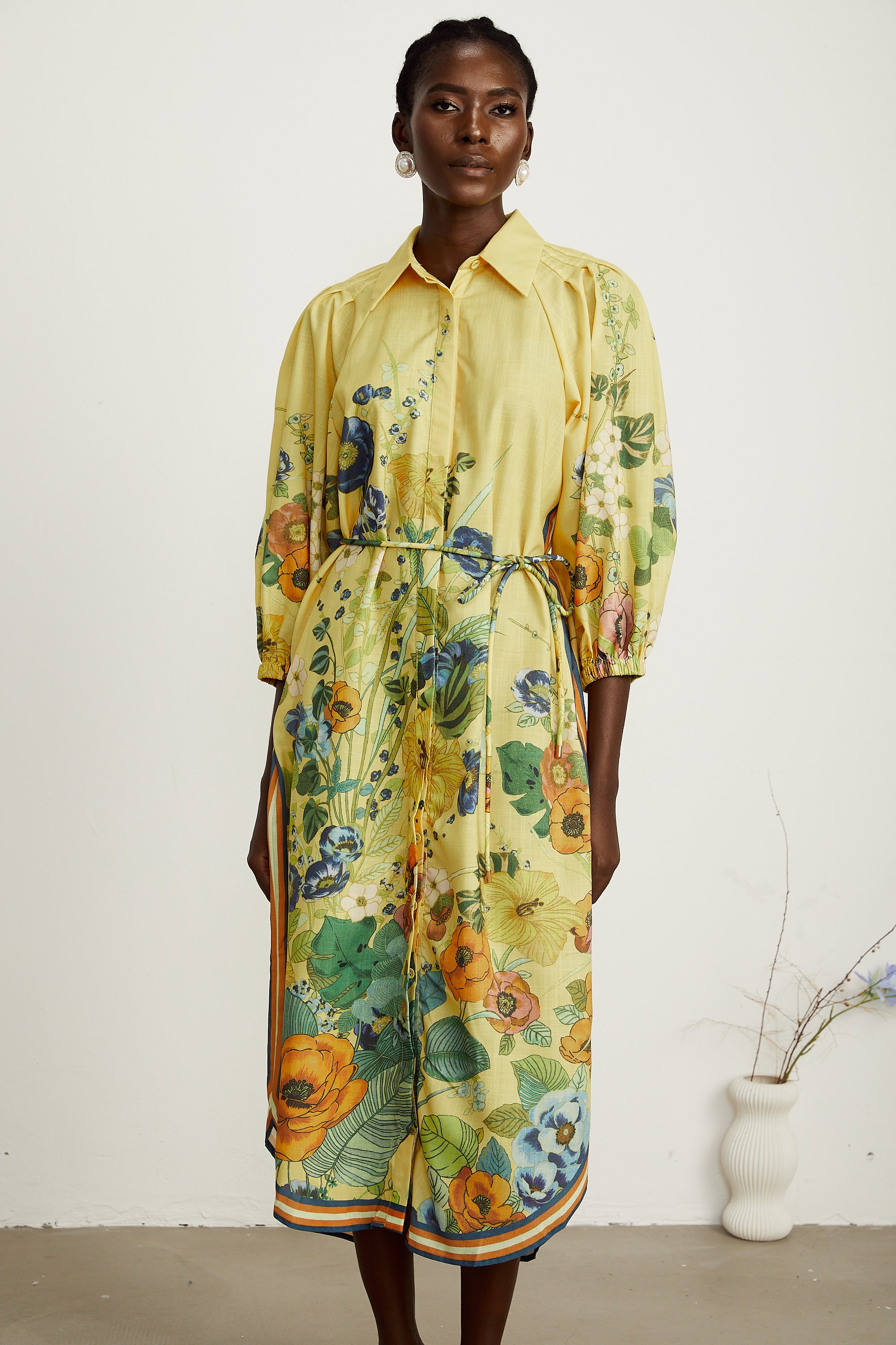 Karen yellow floral-print long-sleeve midi dress