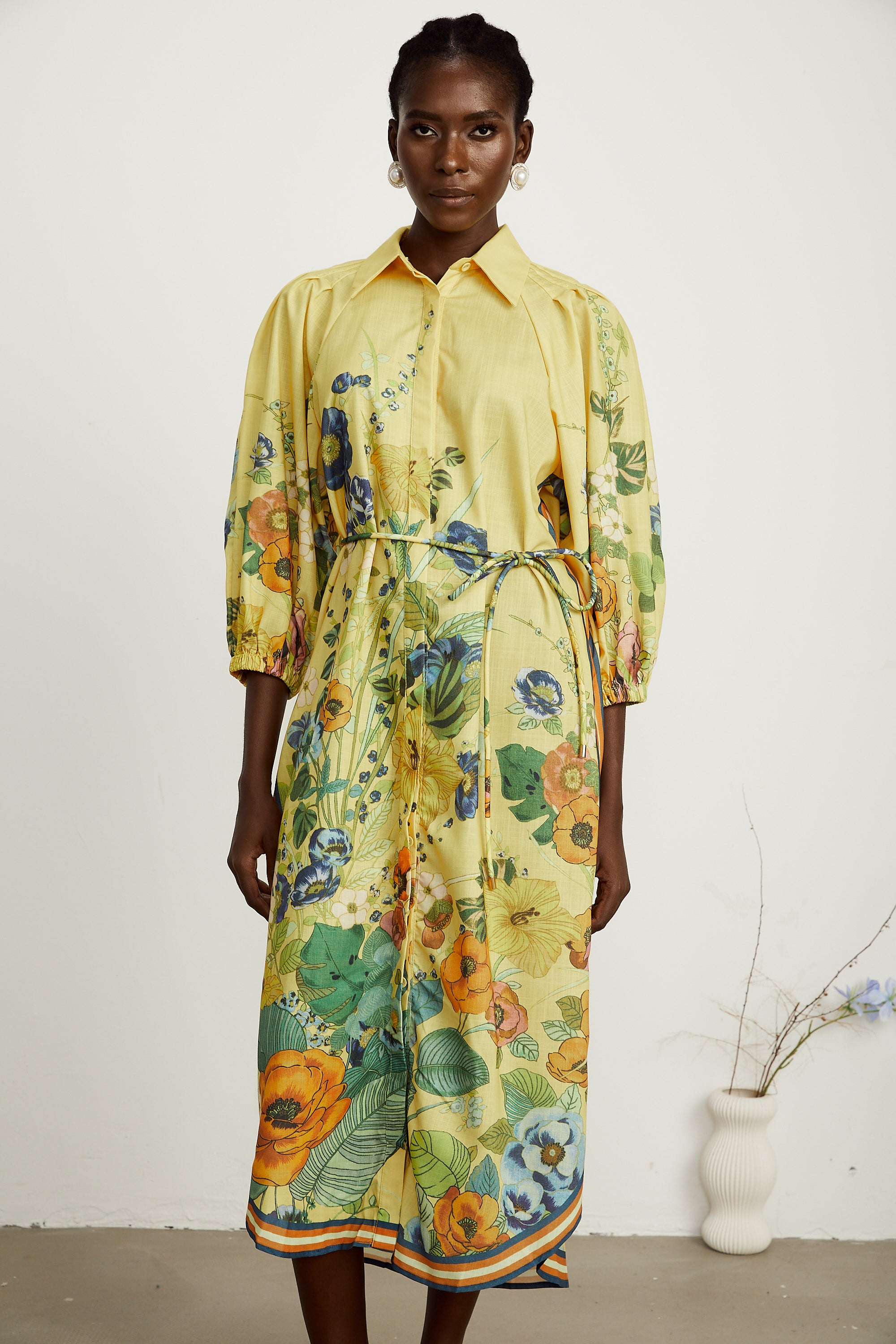 Karen yellow floral-print long-sleeve midi dress