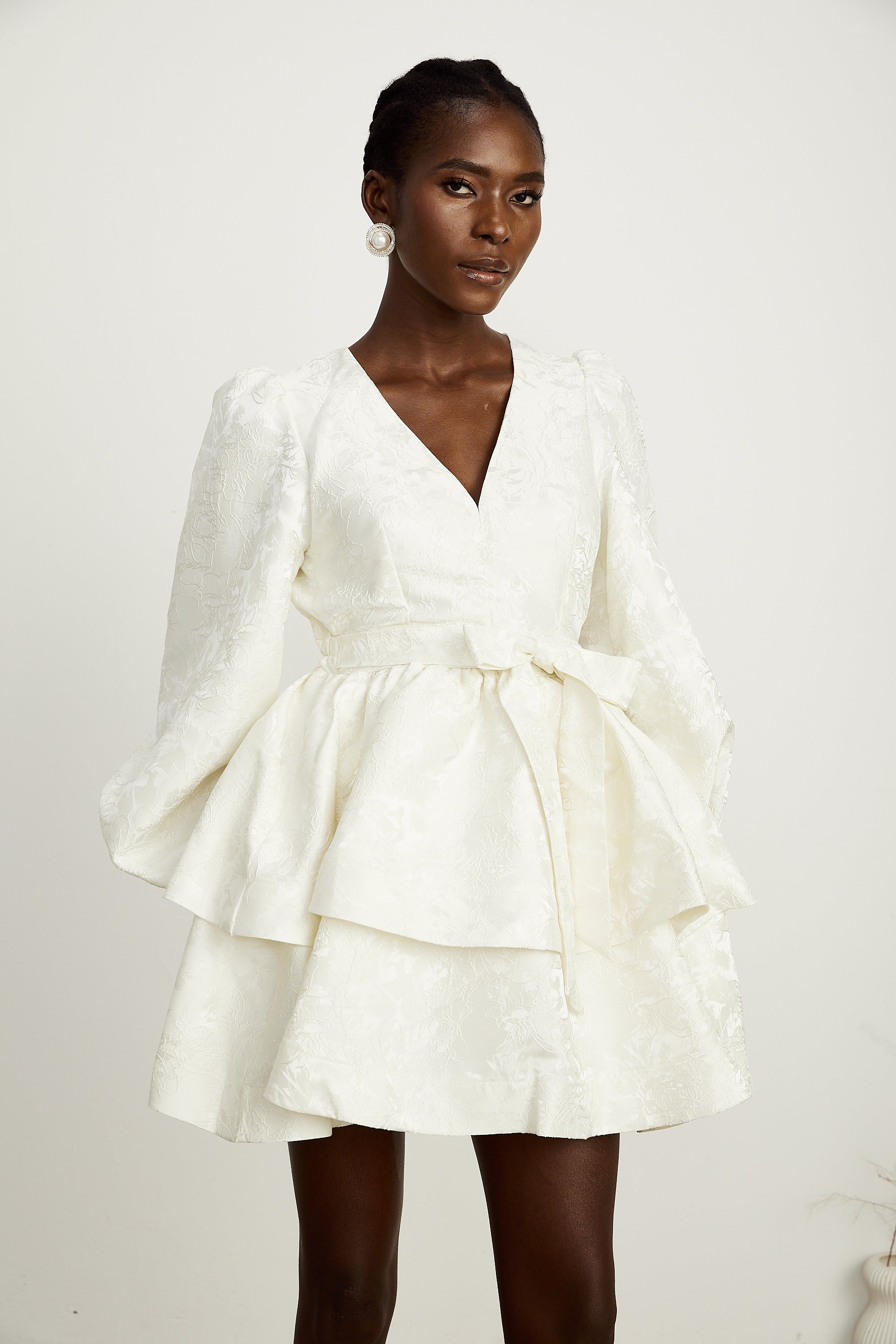 Colette white jacquard tiered mini dress