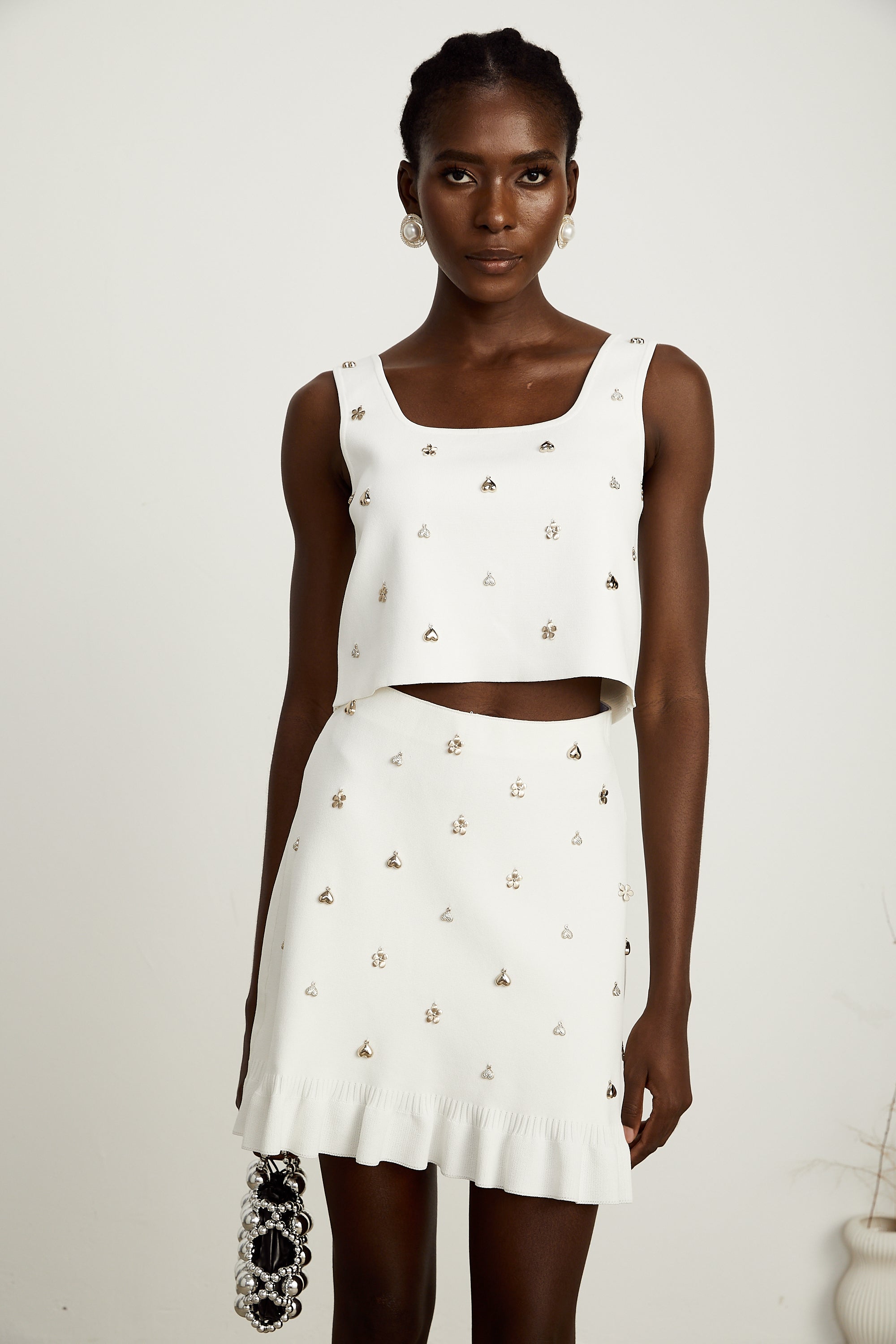 Inès embellished knitted top & skirt matching set