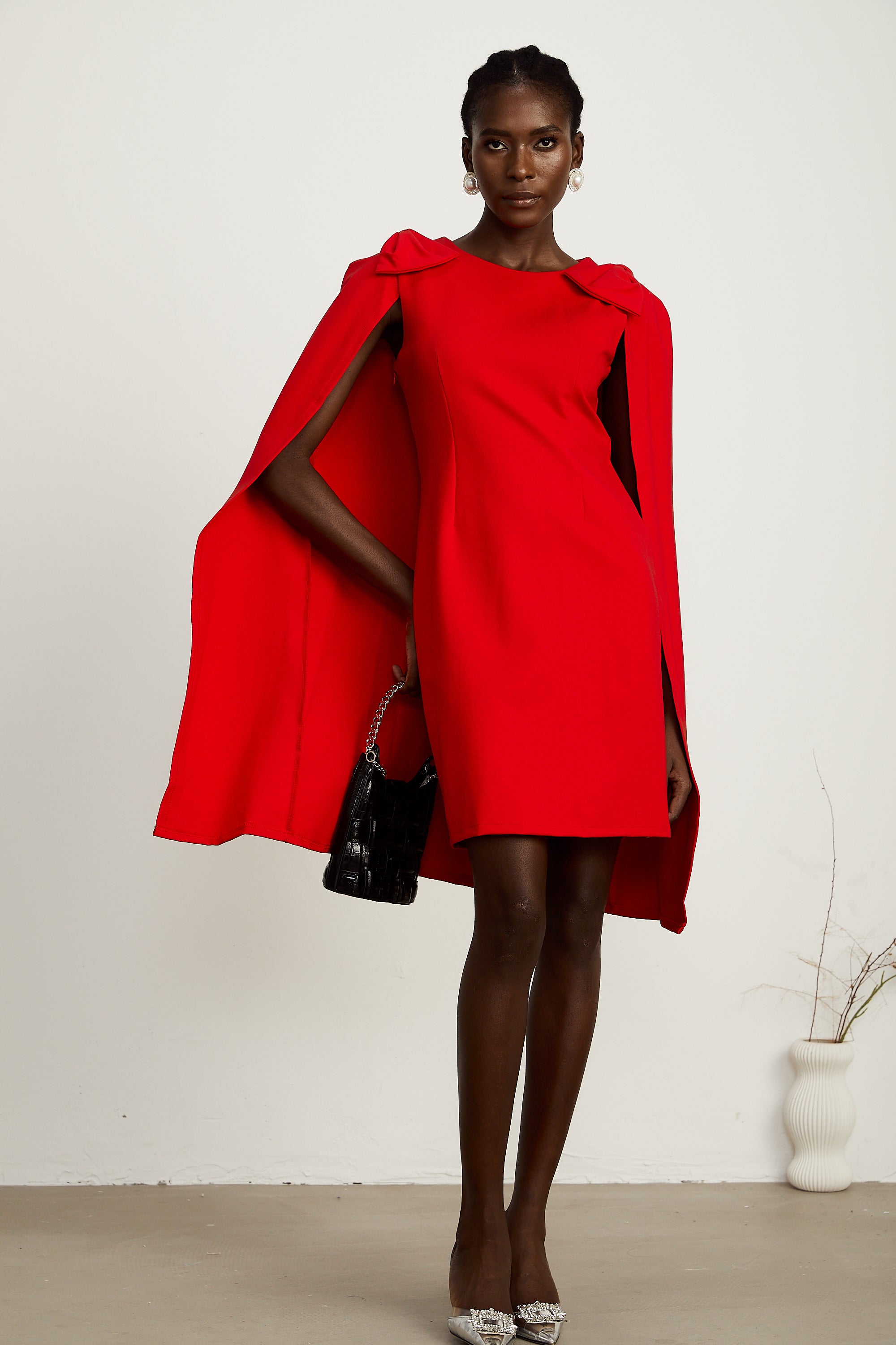 Judith red bow-detail cape mini dress