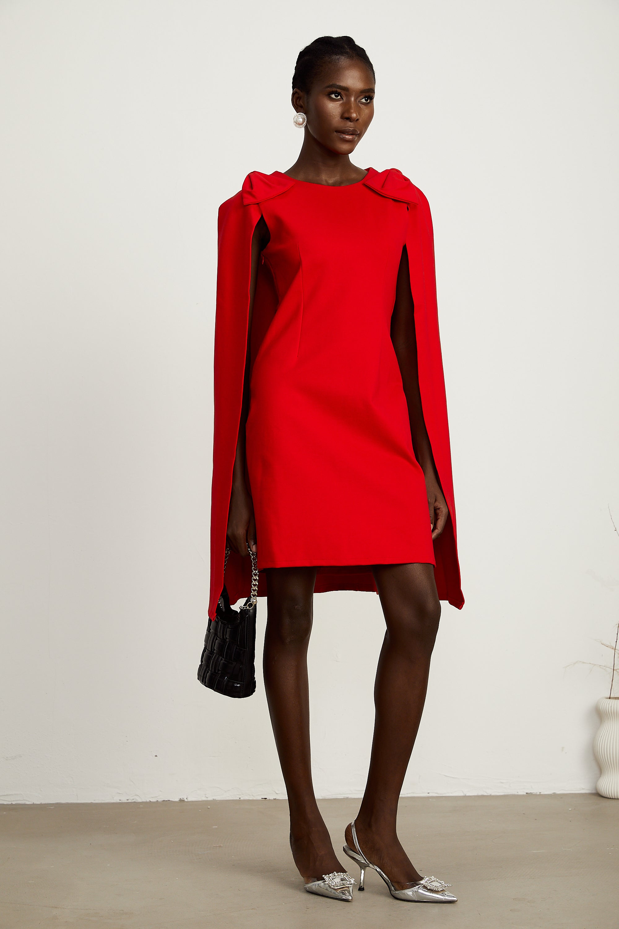 Judith red bow-detail cape mini dress