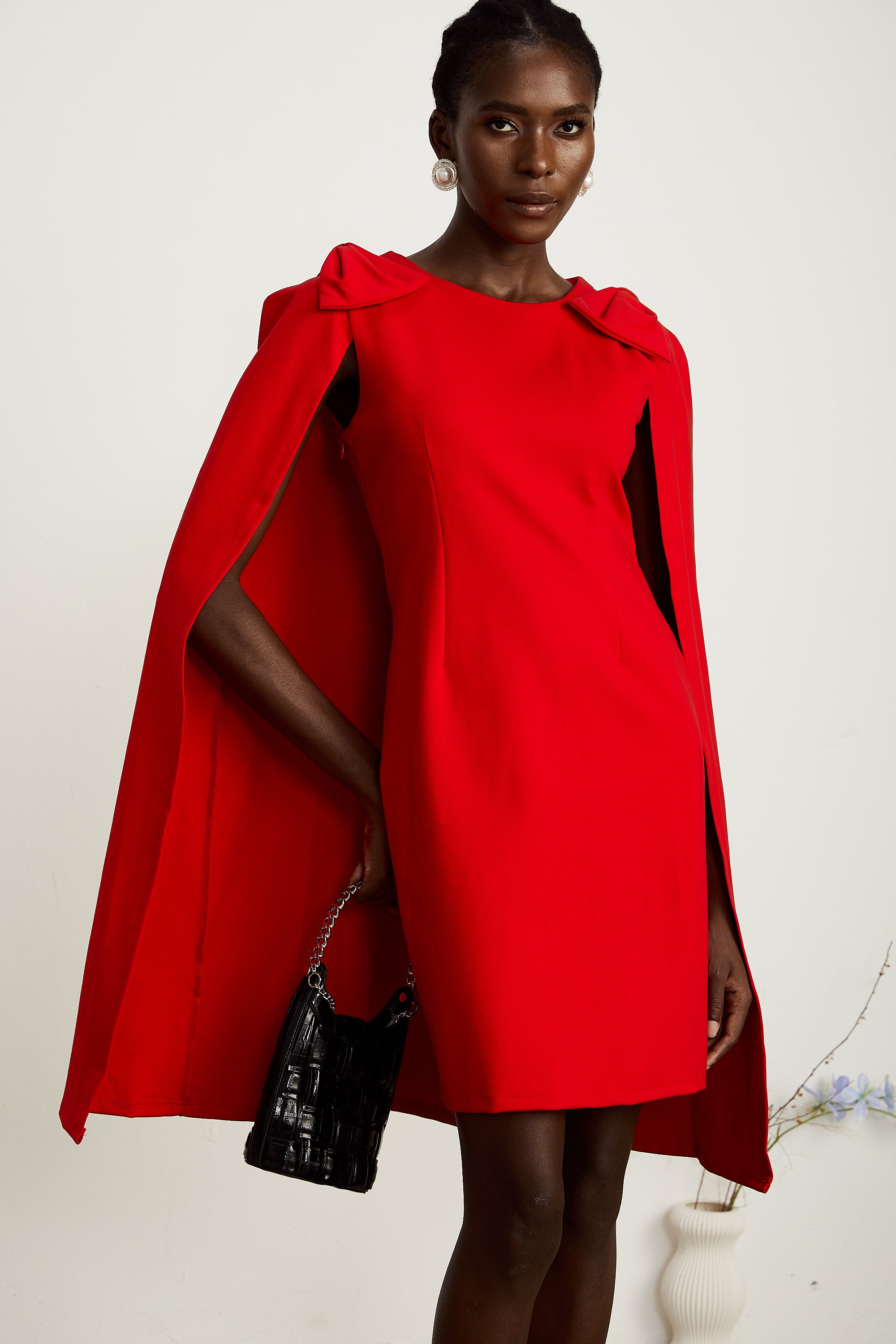 Judith red bow-detail cape mini dress