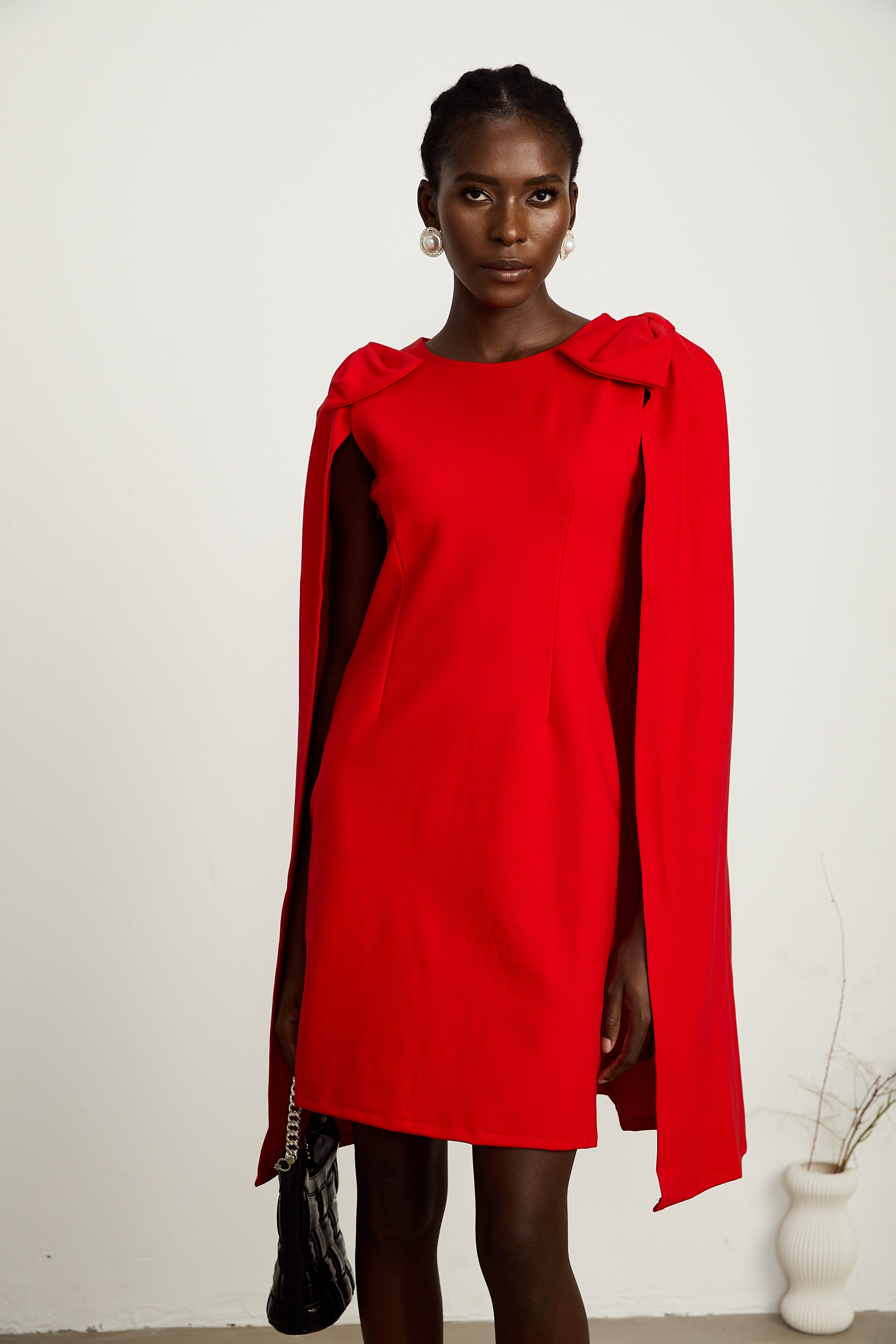 Judith red bow-detail cape mini dress