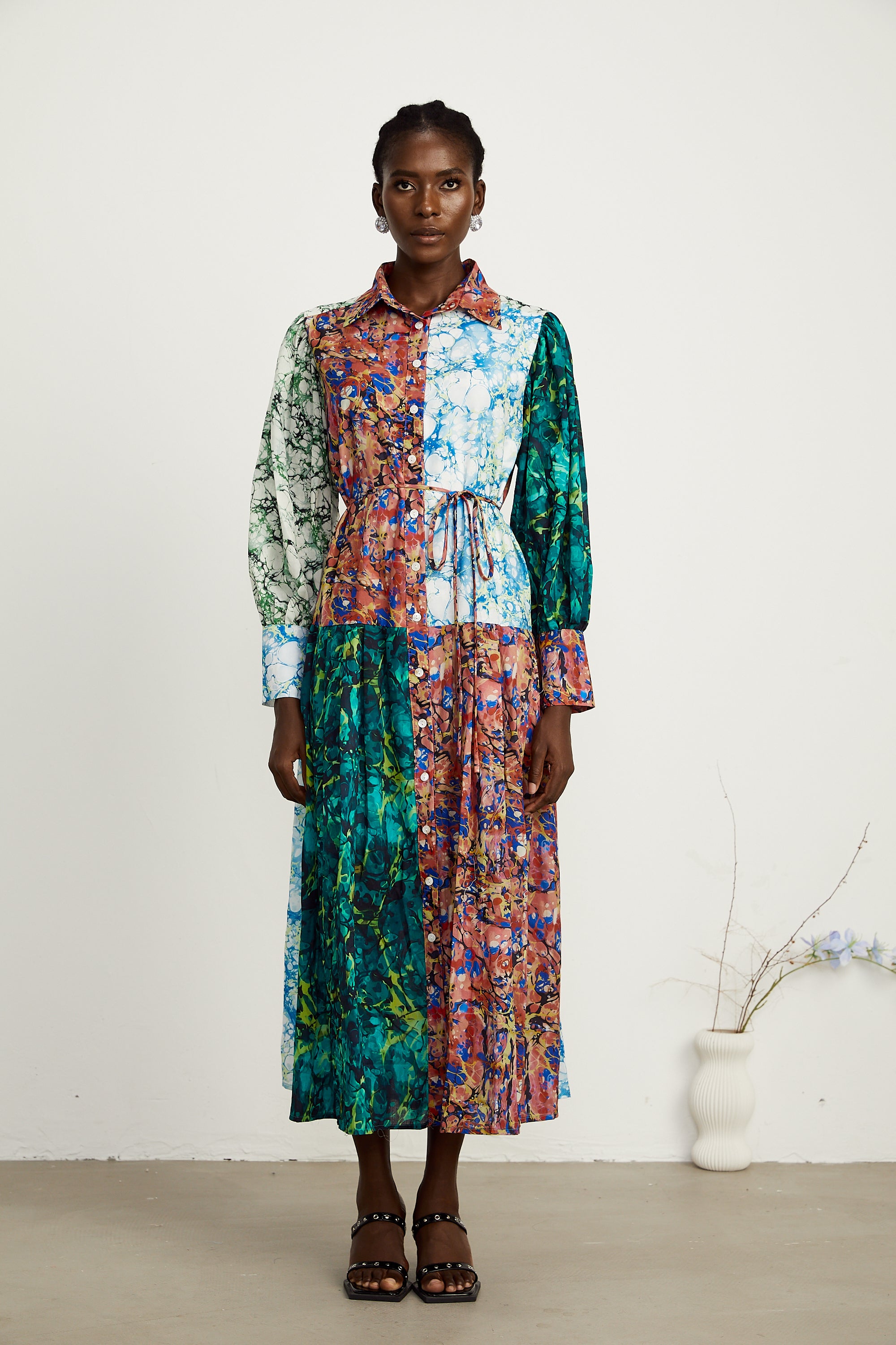 Christine green-tone mix-print patchwork maxi dress