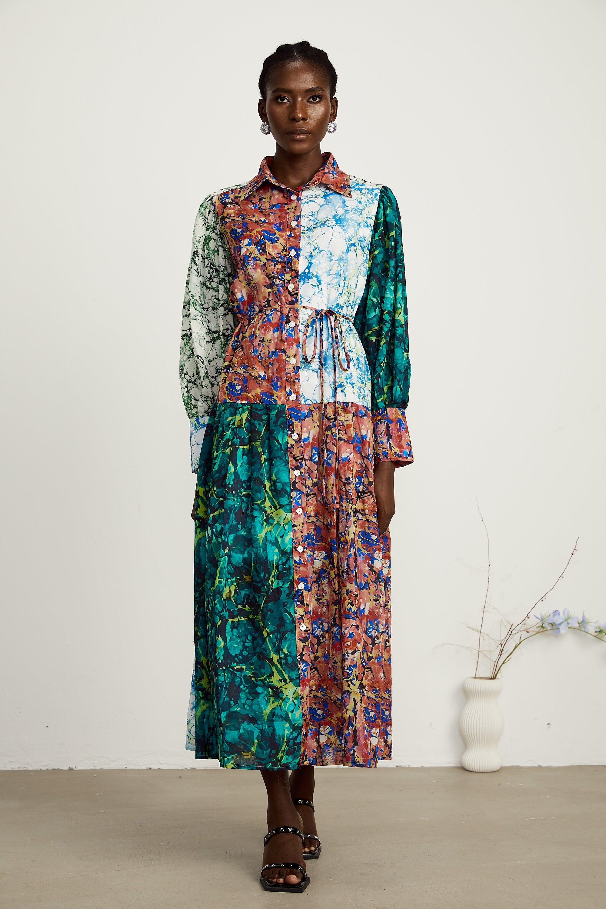 Christine green-tone mix-print patchwork maxi dress