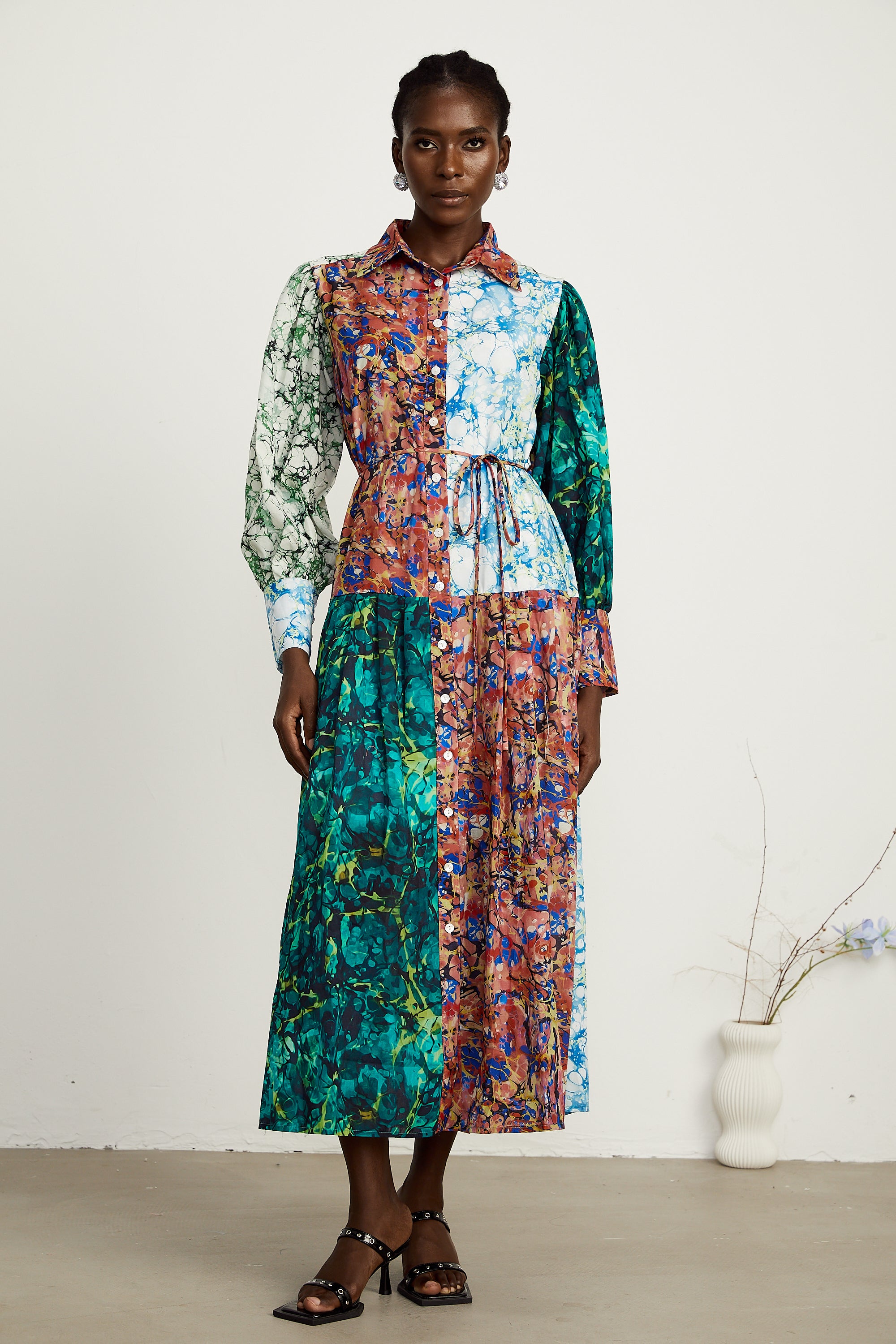 Christine green-tone mix-print patchwork maxi dress