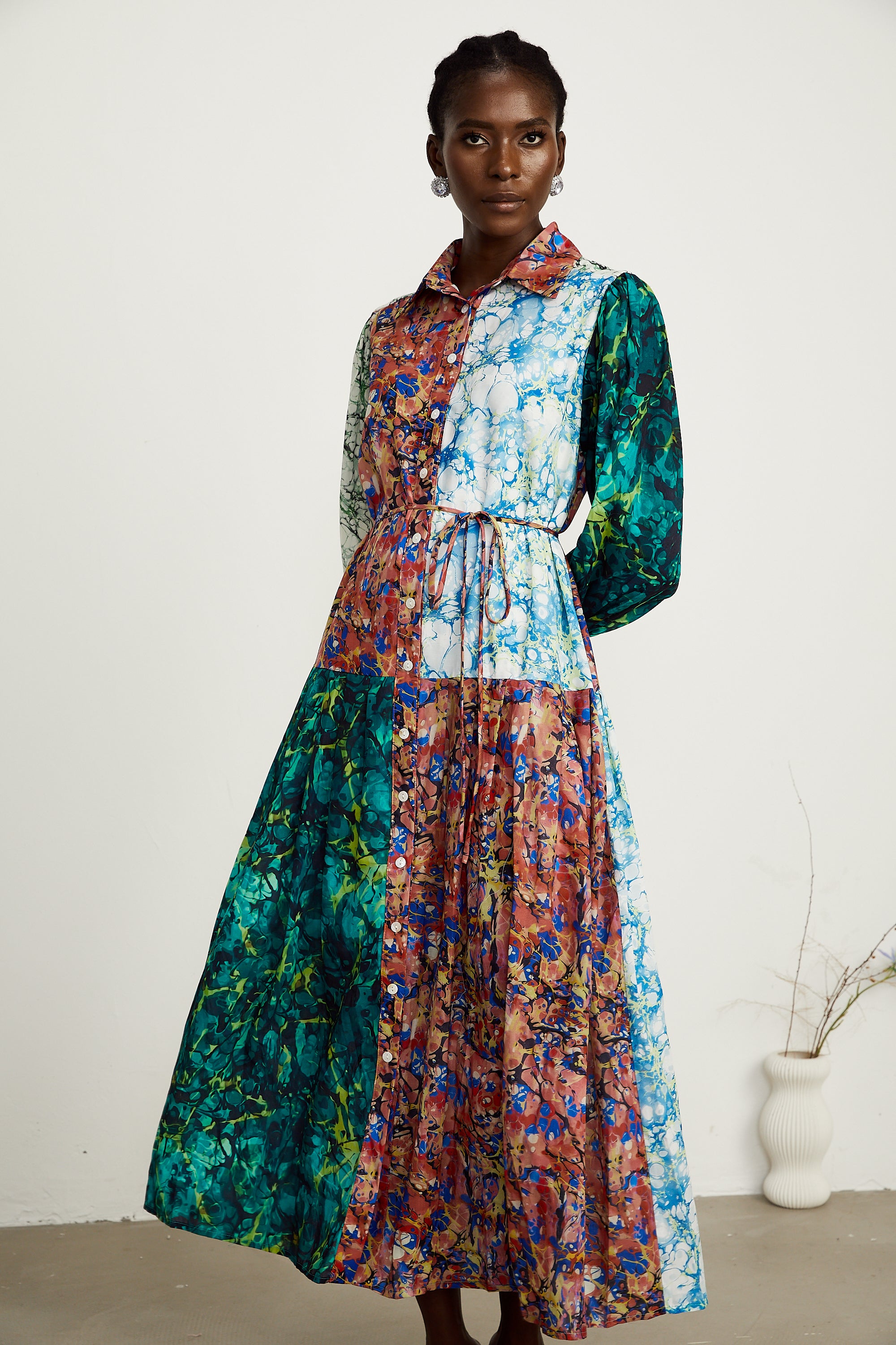 Christine green-tone mix-print patchwork maxi dress