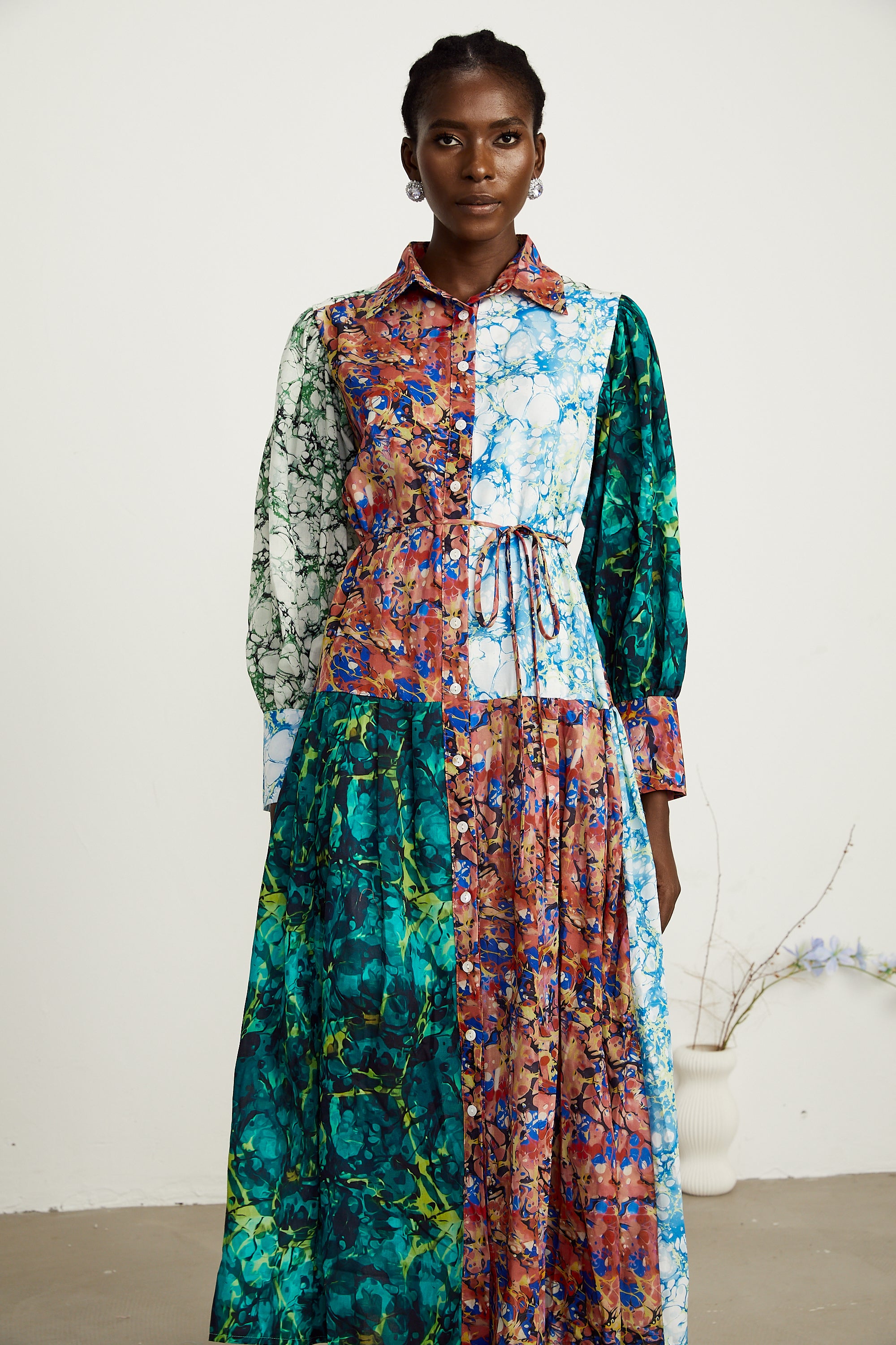 Christine green-tone mix-print patchwork maxi dress