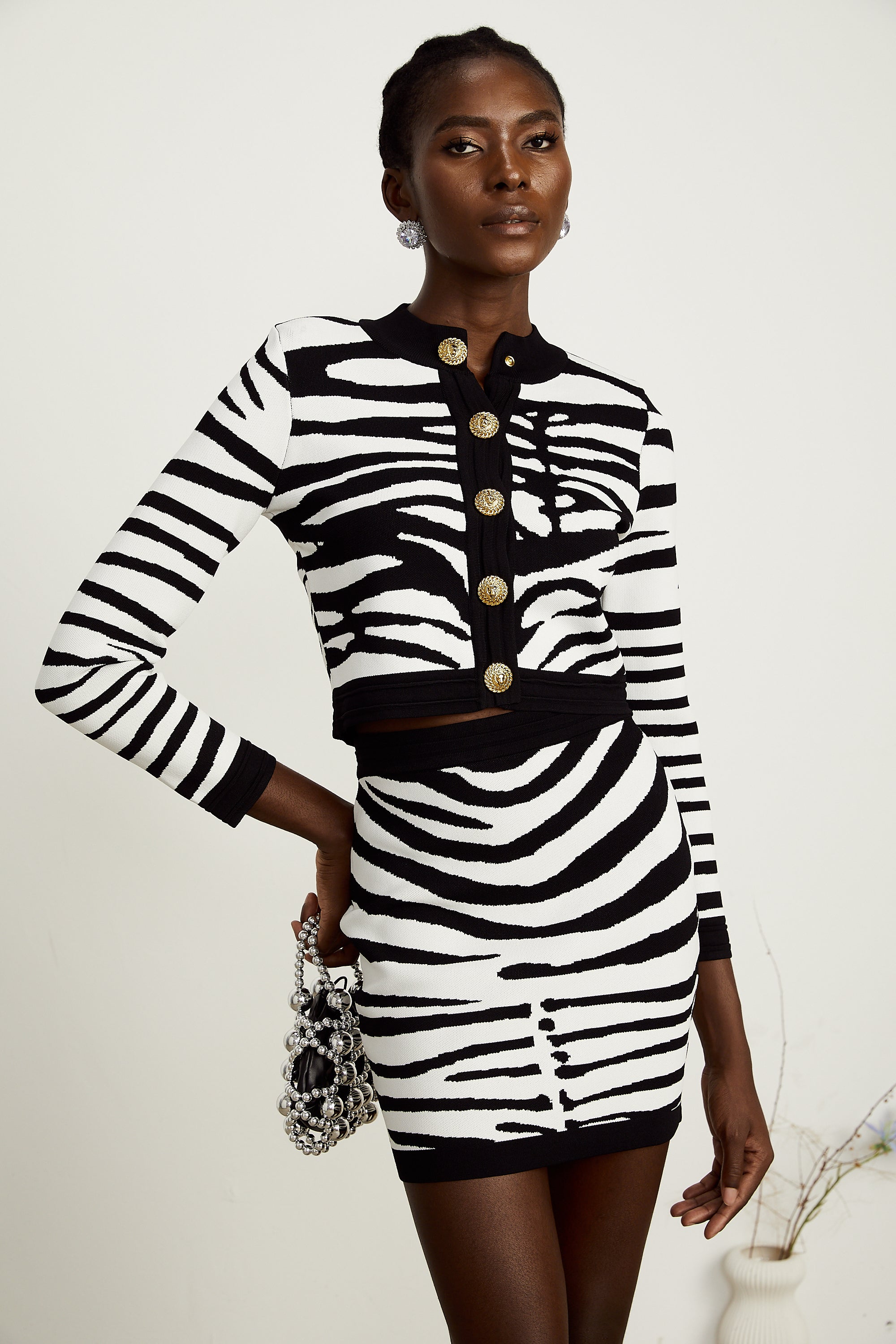 Madeleine zebra-print knitted cardigan & skirt matching set