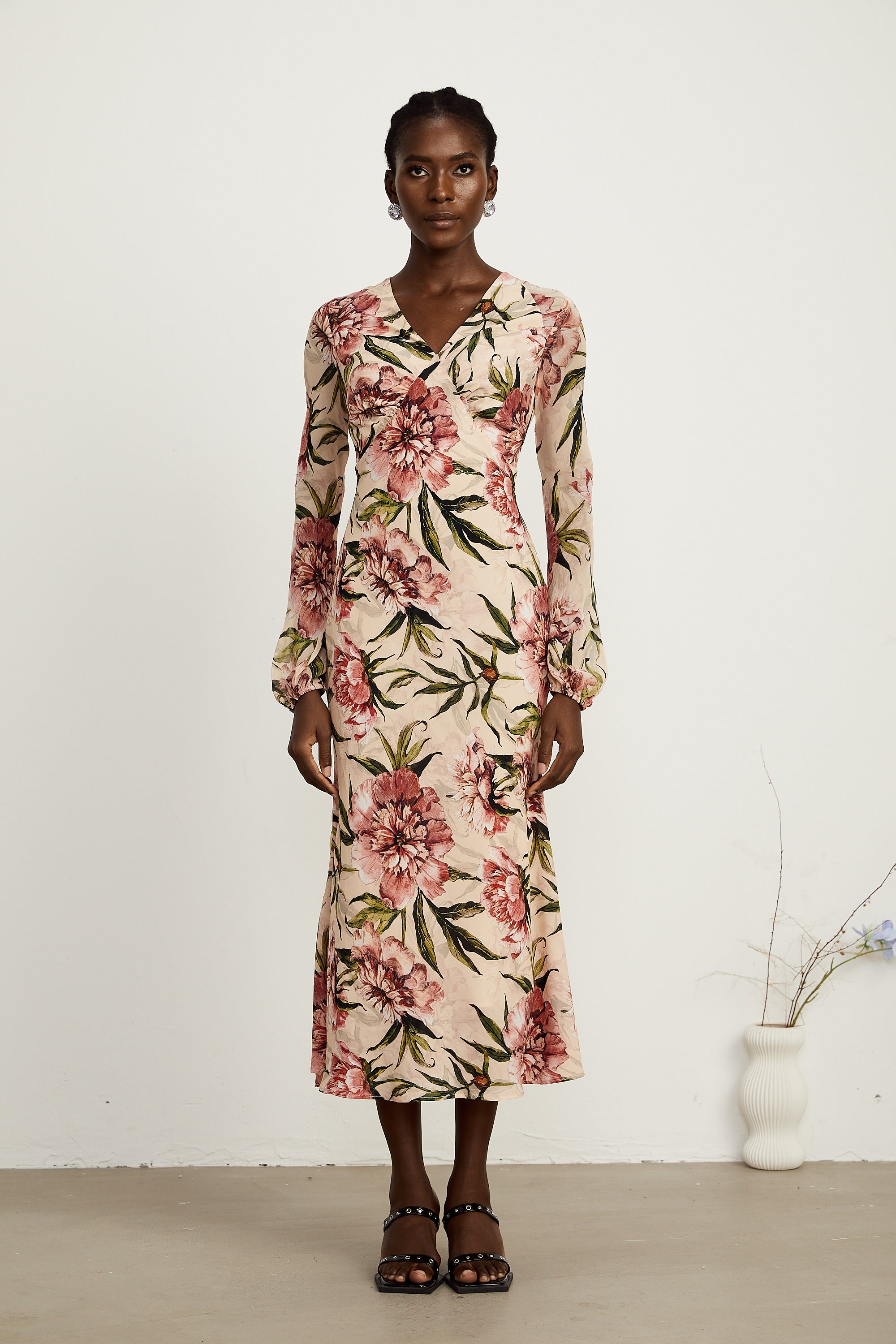 Hélène pink floral-print flared midi dress