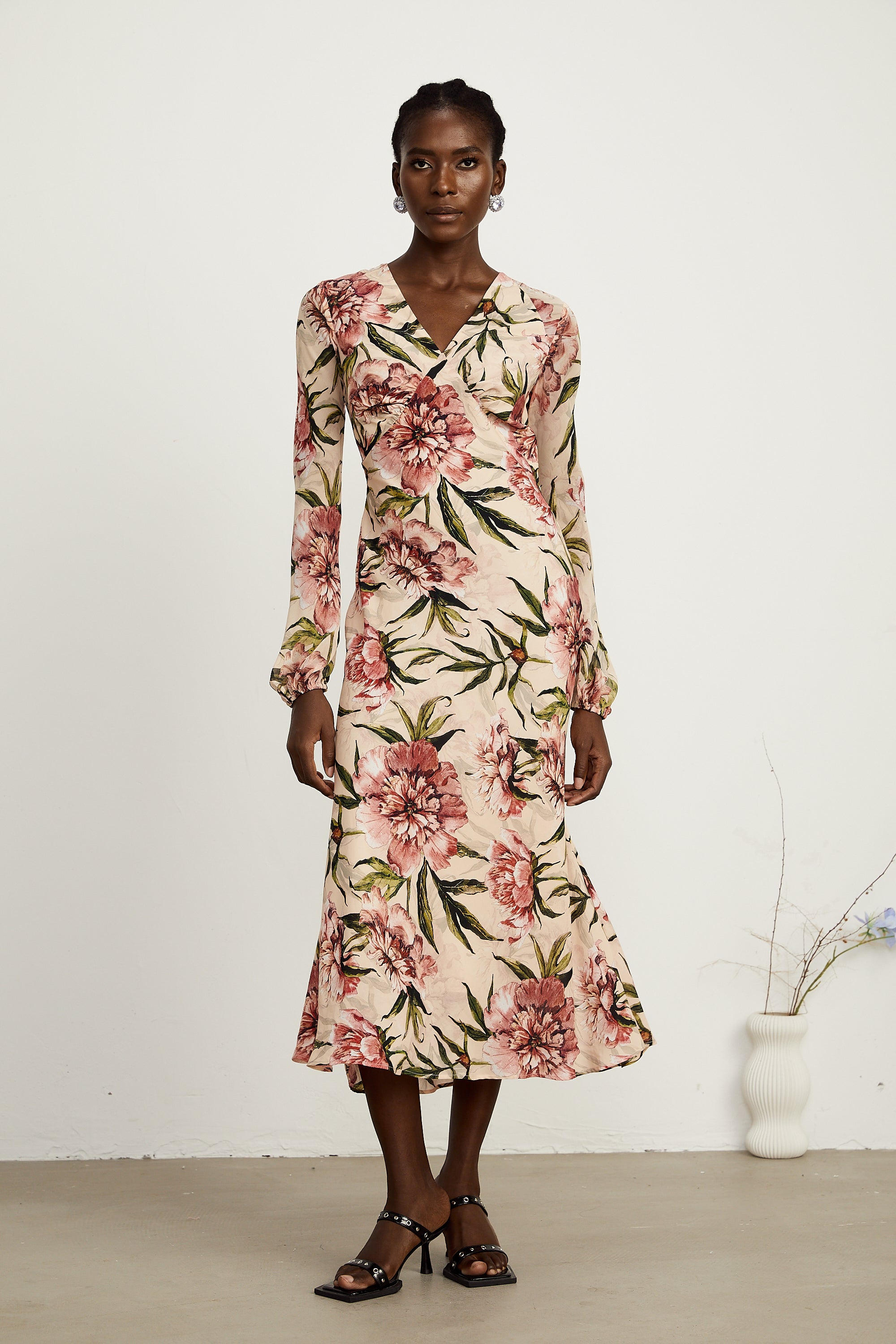 Hélène pink floral-print flared midi dress