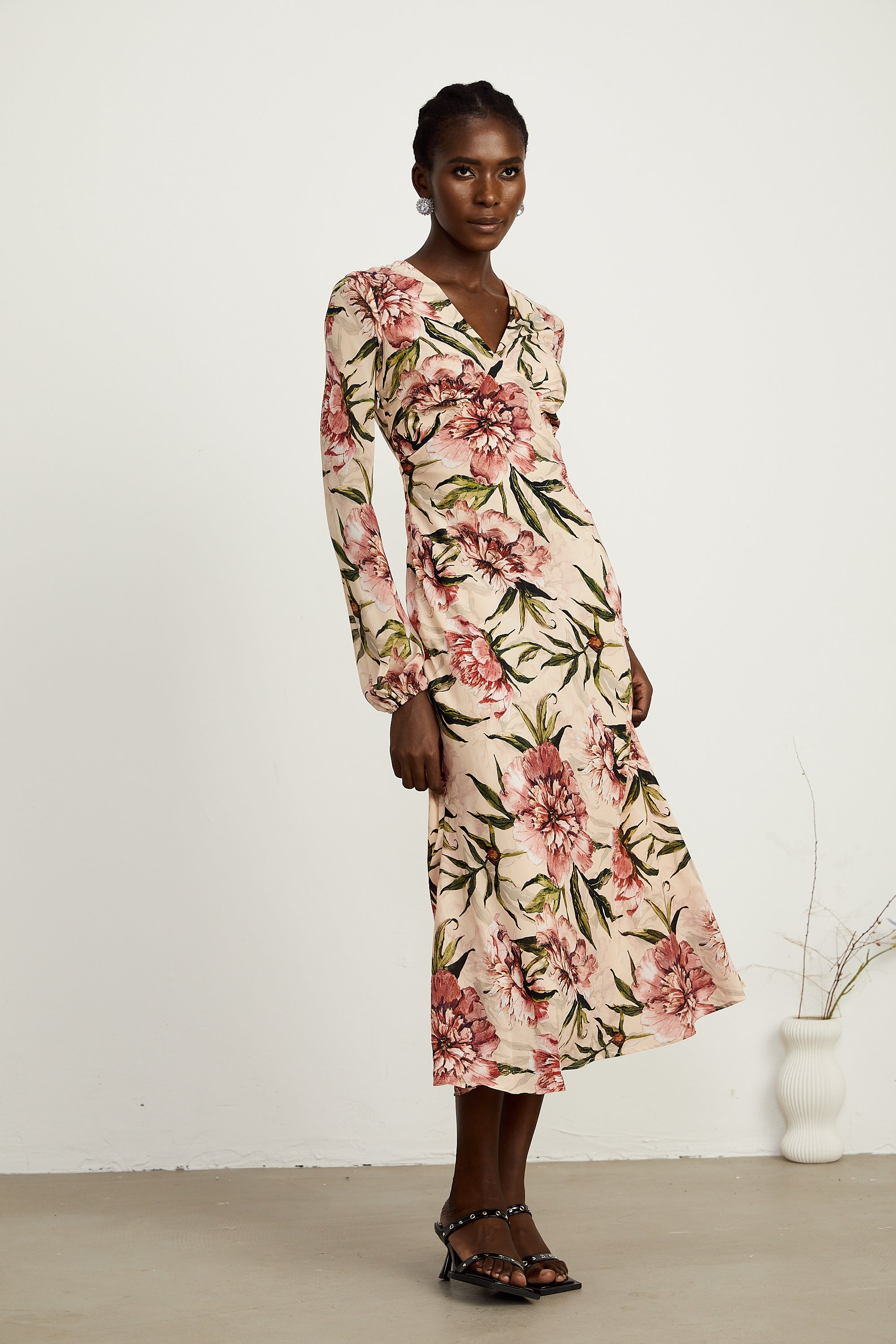 Hélène pink floral-print flared midi dress