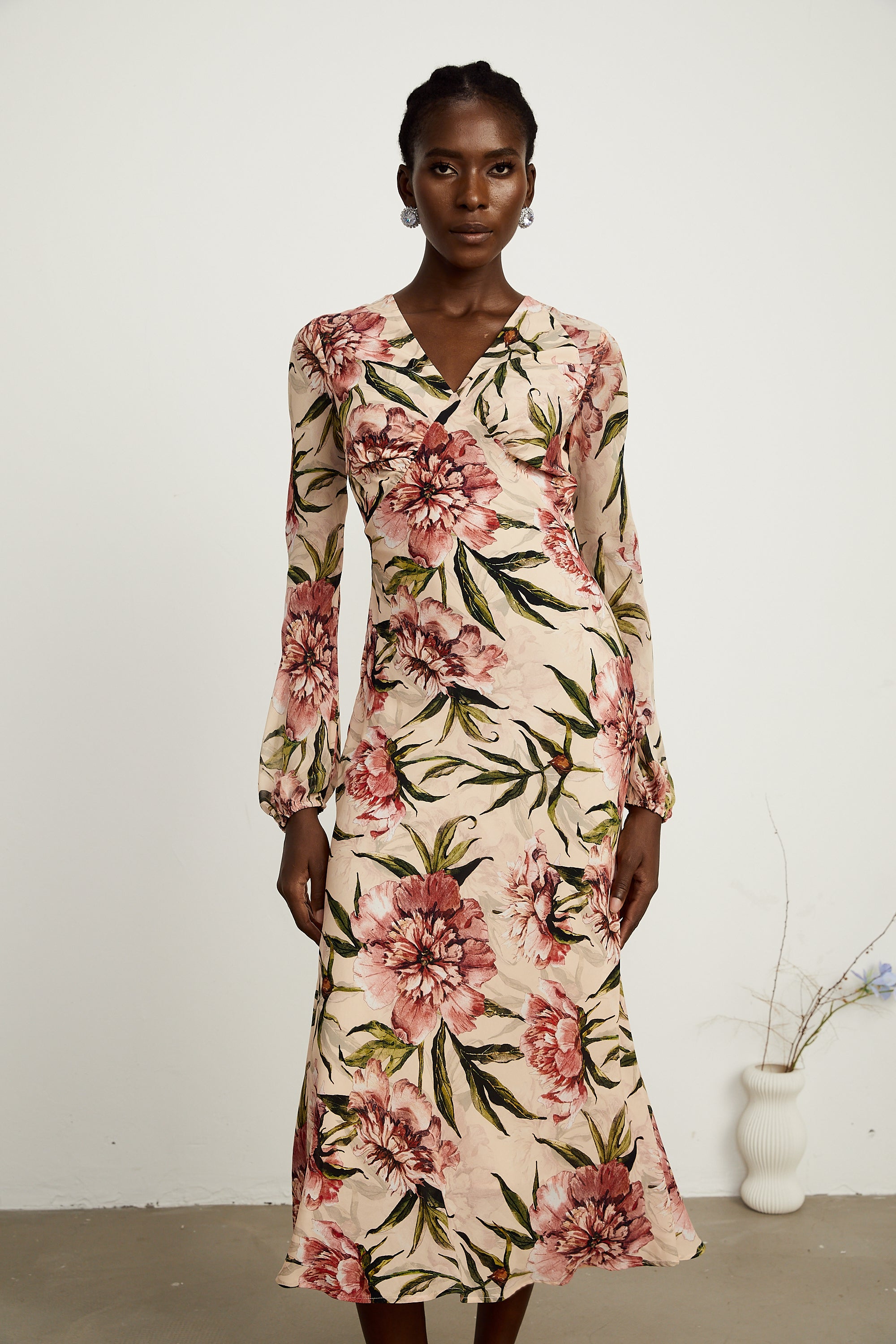 Hélène pink floral-print flared midi dress