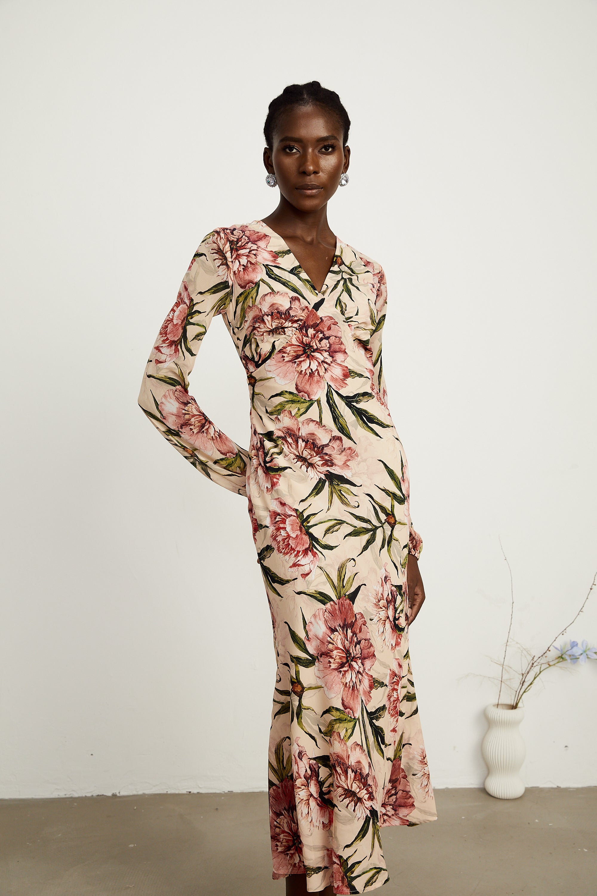 Hélène pink floral-print flared midi dress