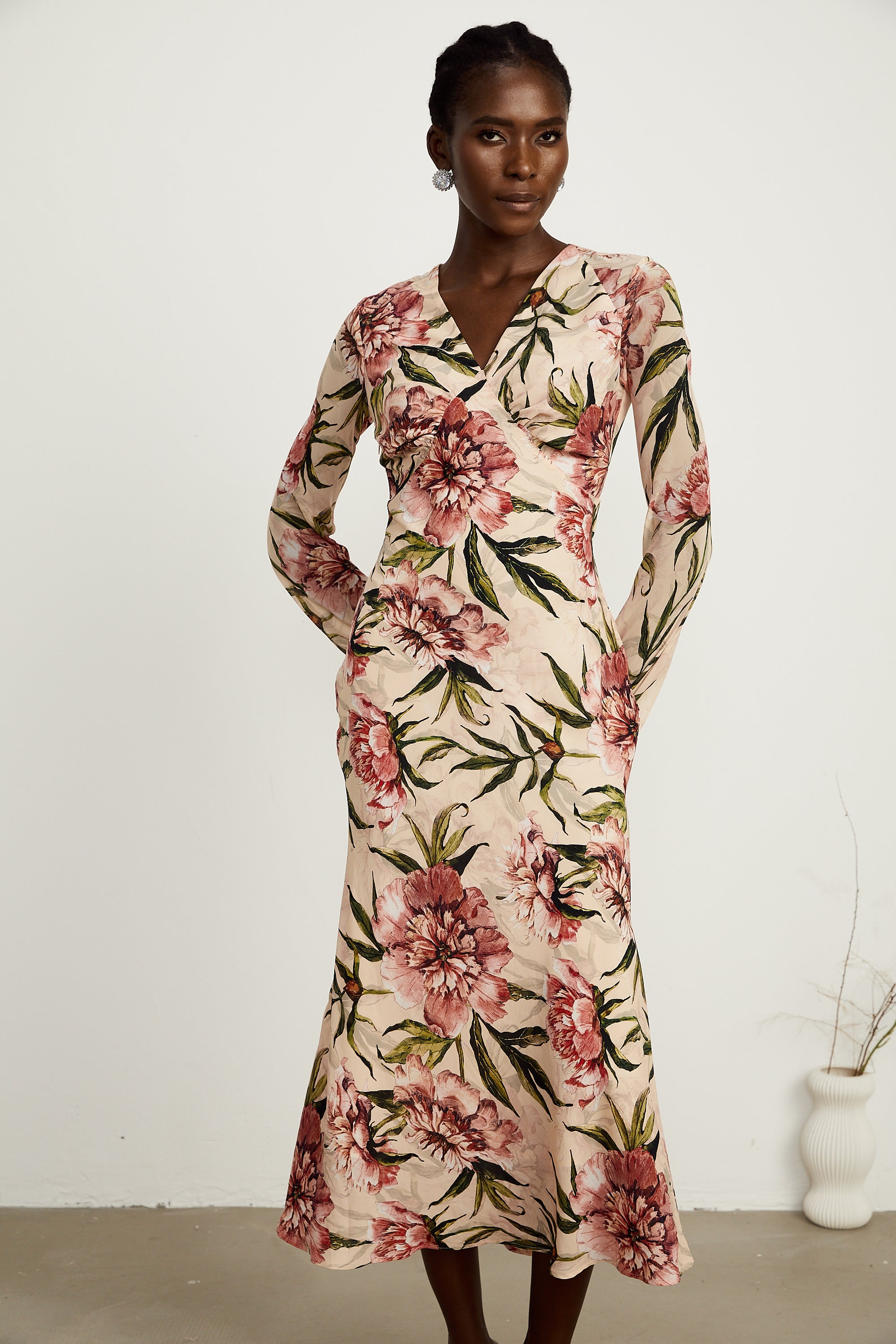 Hélène pink floral-print flared midi dress