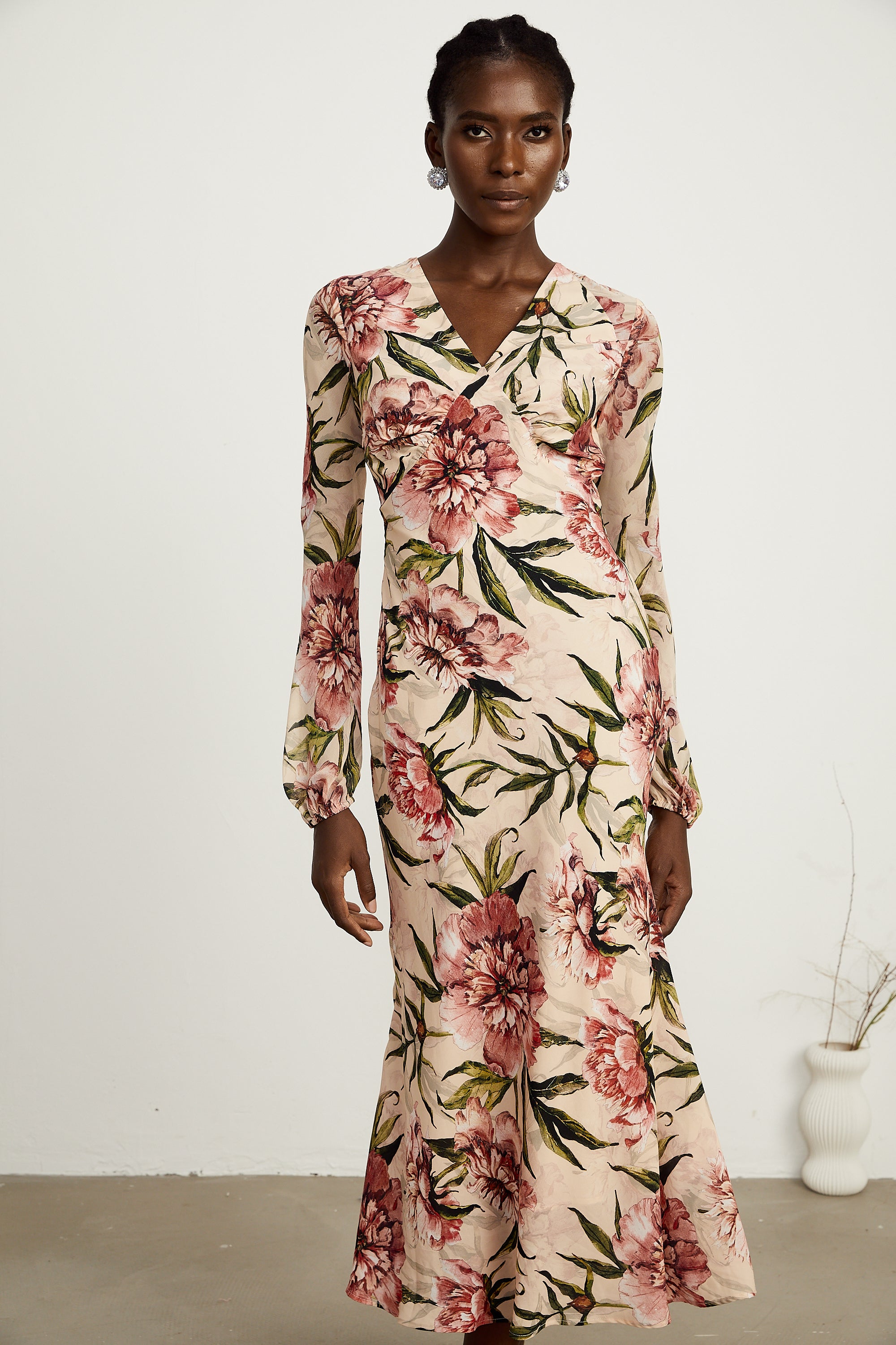 Hélène pink floral-print flared midi dress