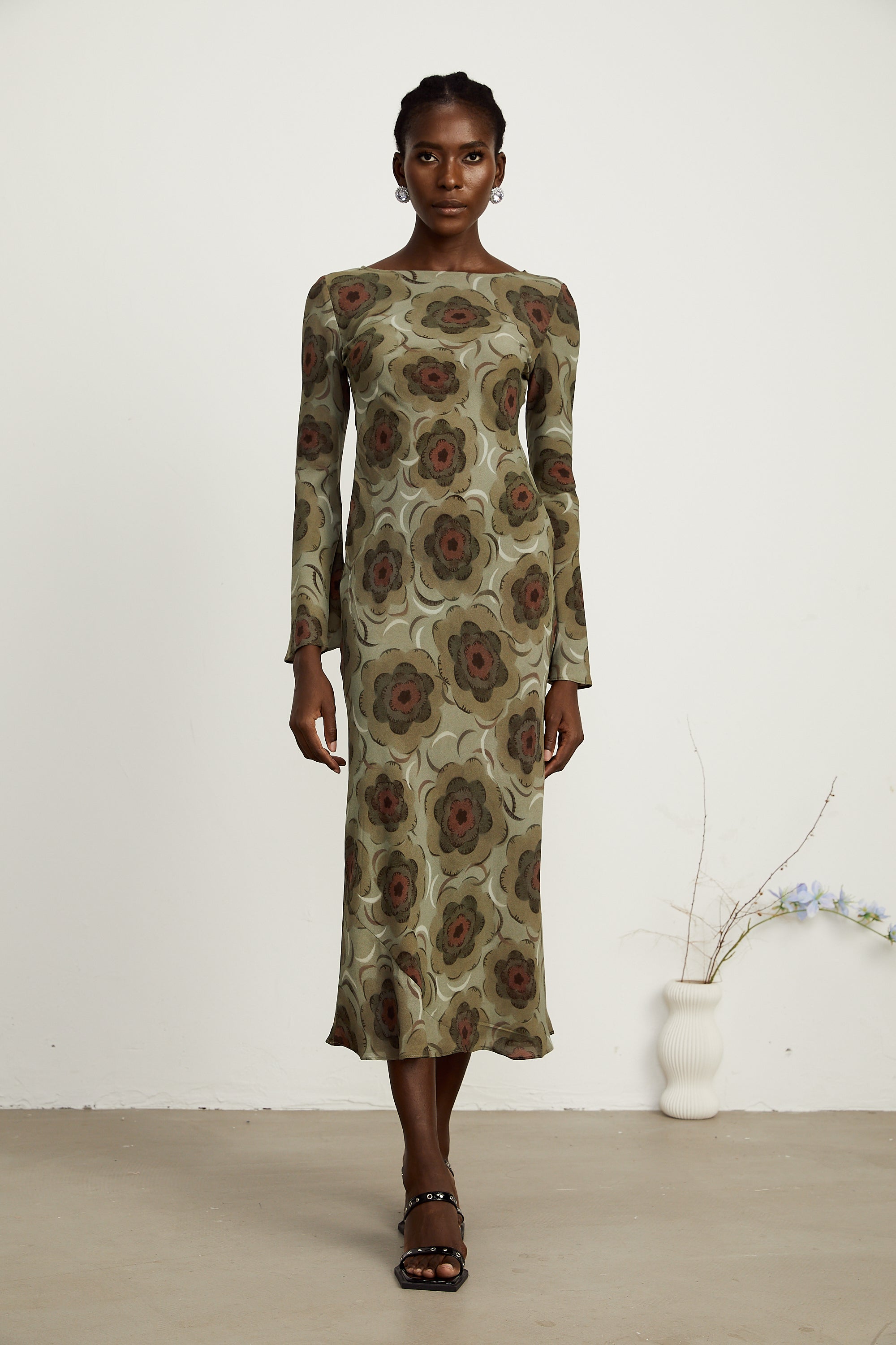 Hippolyte green-tone flower-motif midi dress