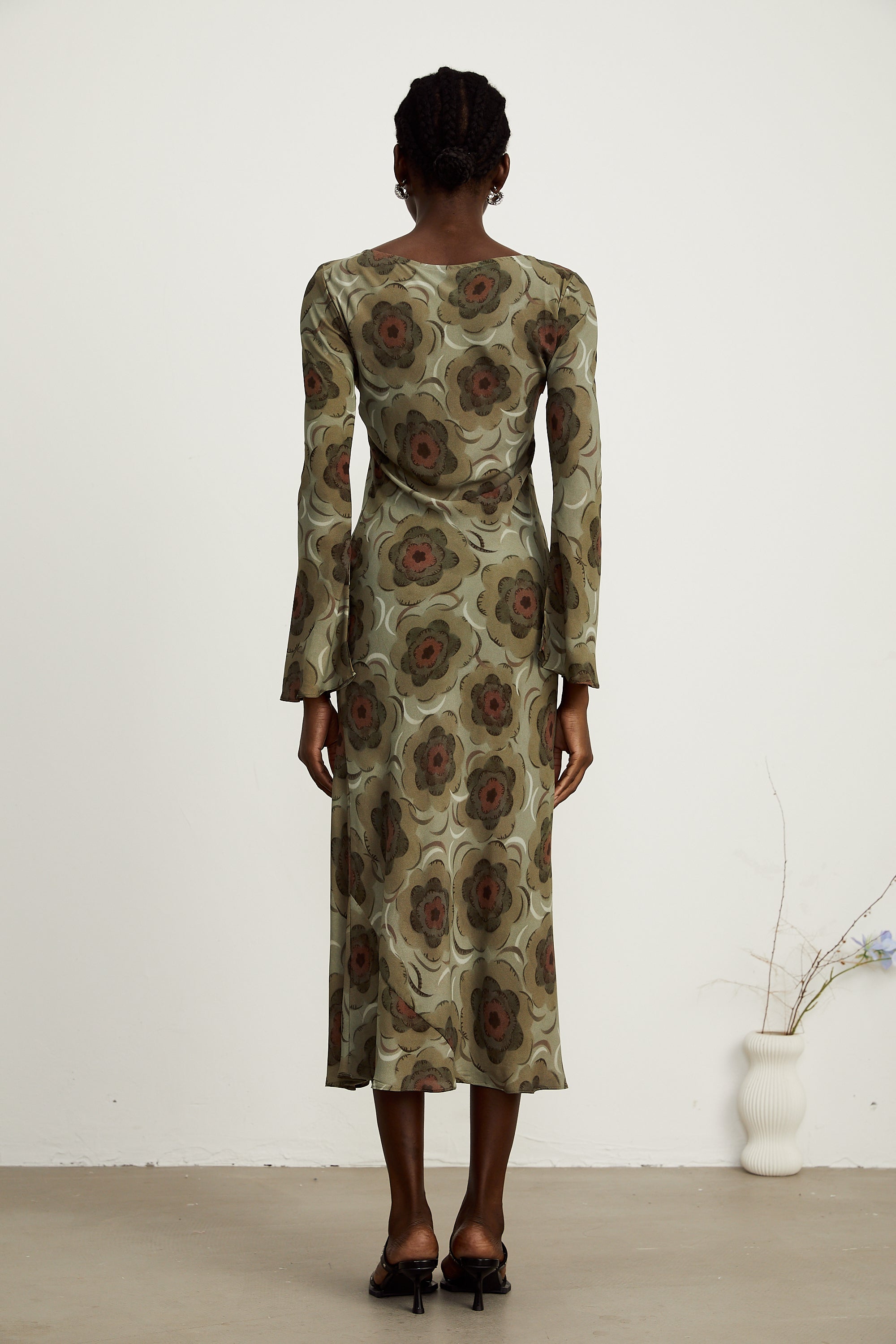 Hippolyte green-tone flower-motif midi dress