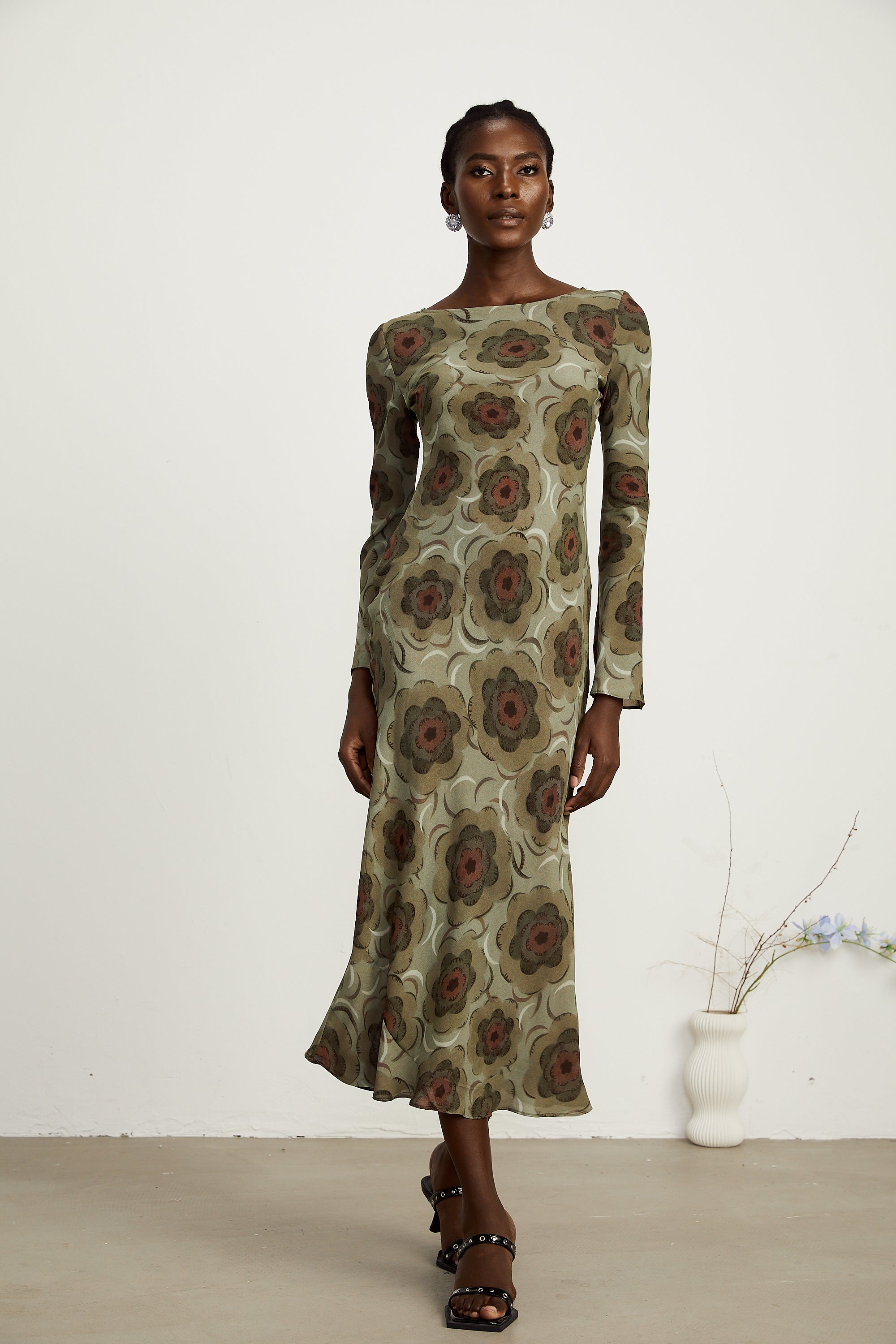 Hippolyte green-tone flower-motif midi dress