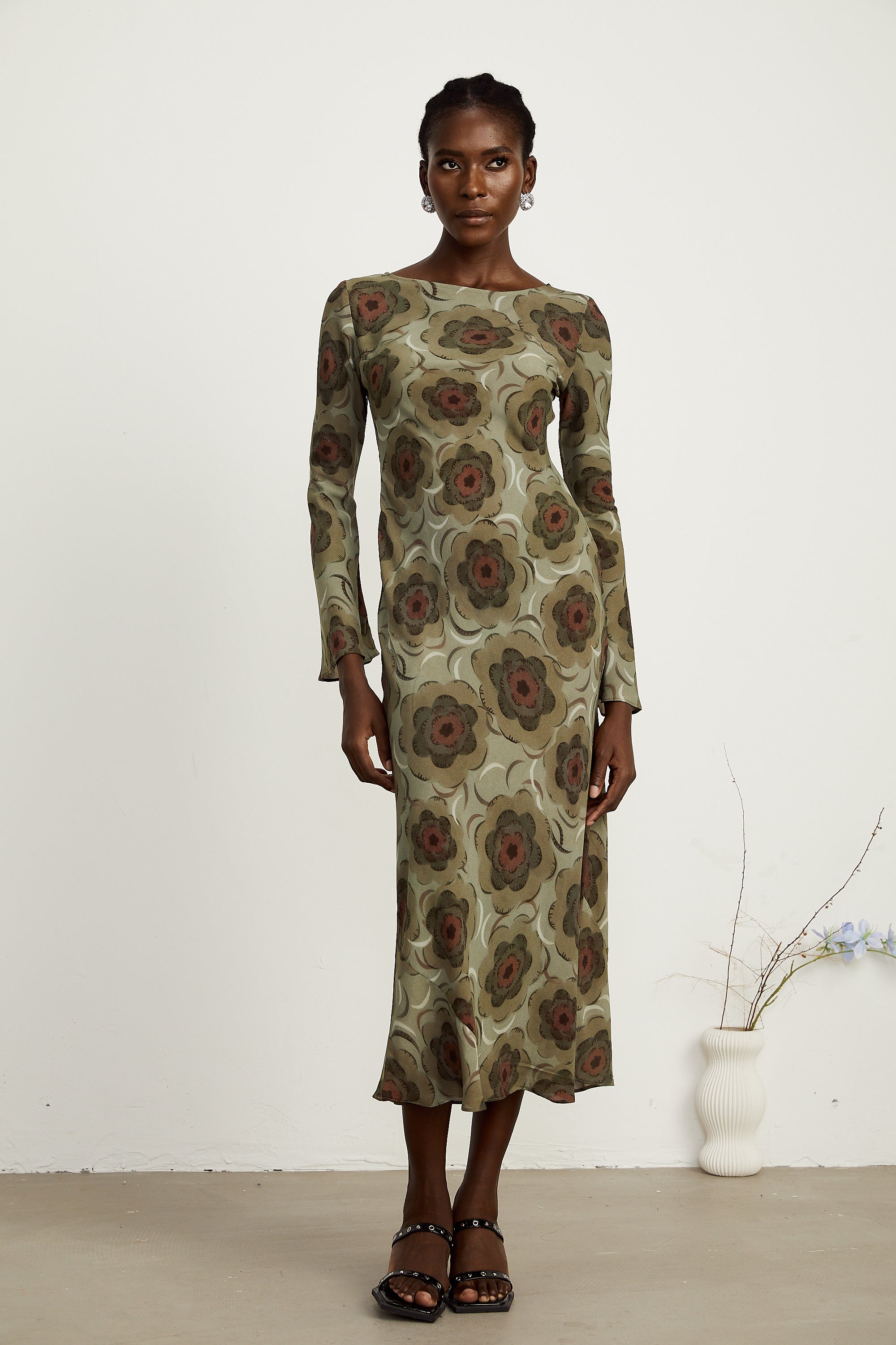 Hippolyte green-tone flower-motif midi dress