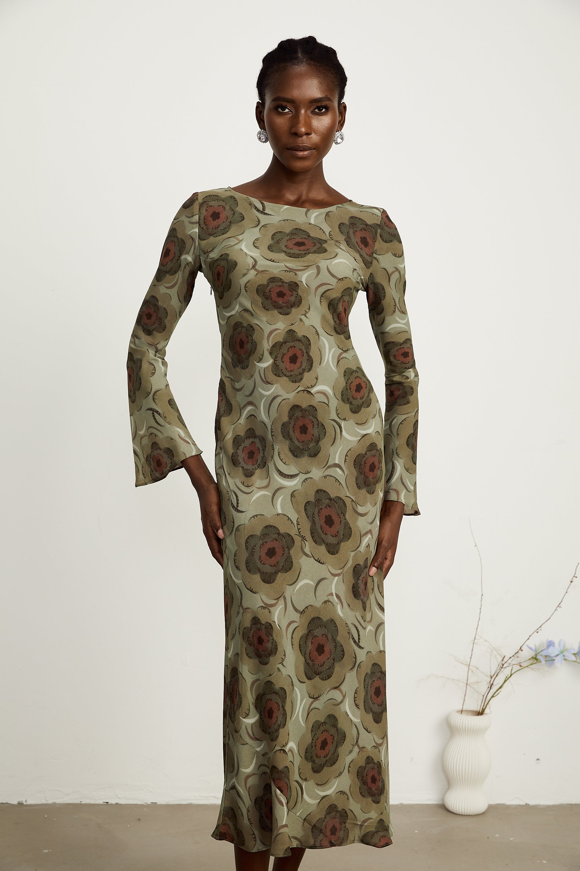 Hippolyte green-tone flower-motif midi dress