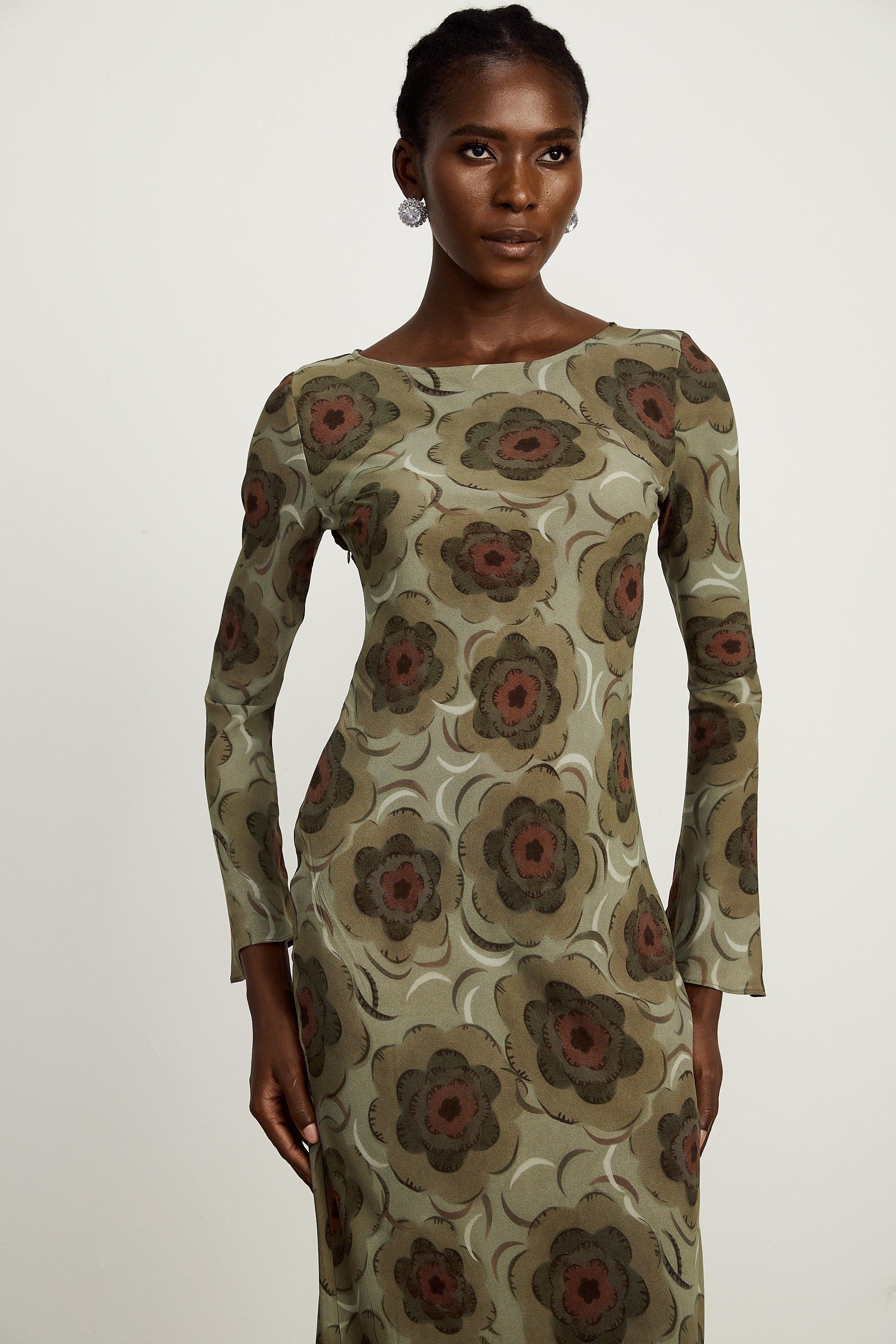 Hippolyte green-tone flower-motif midi dress